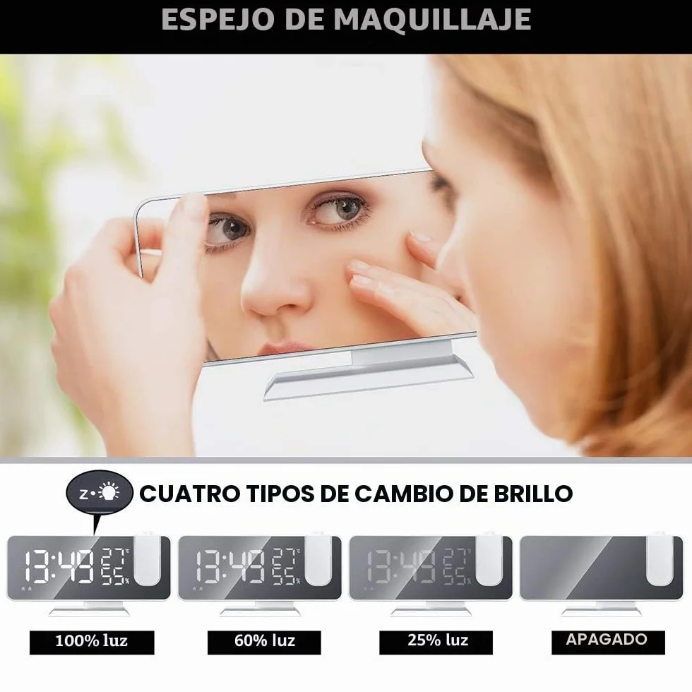 Despertador de proyección, Despertador Digital LED con Superficie de Espejo, Puerto de Carga USB, repetición, Doble Alarma, Radio FM, Modo de 3 atenuaciones, Humedad de Temperatura, Ajuste