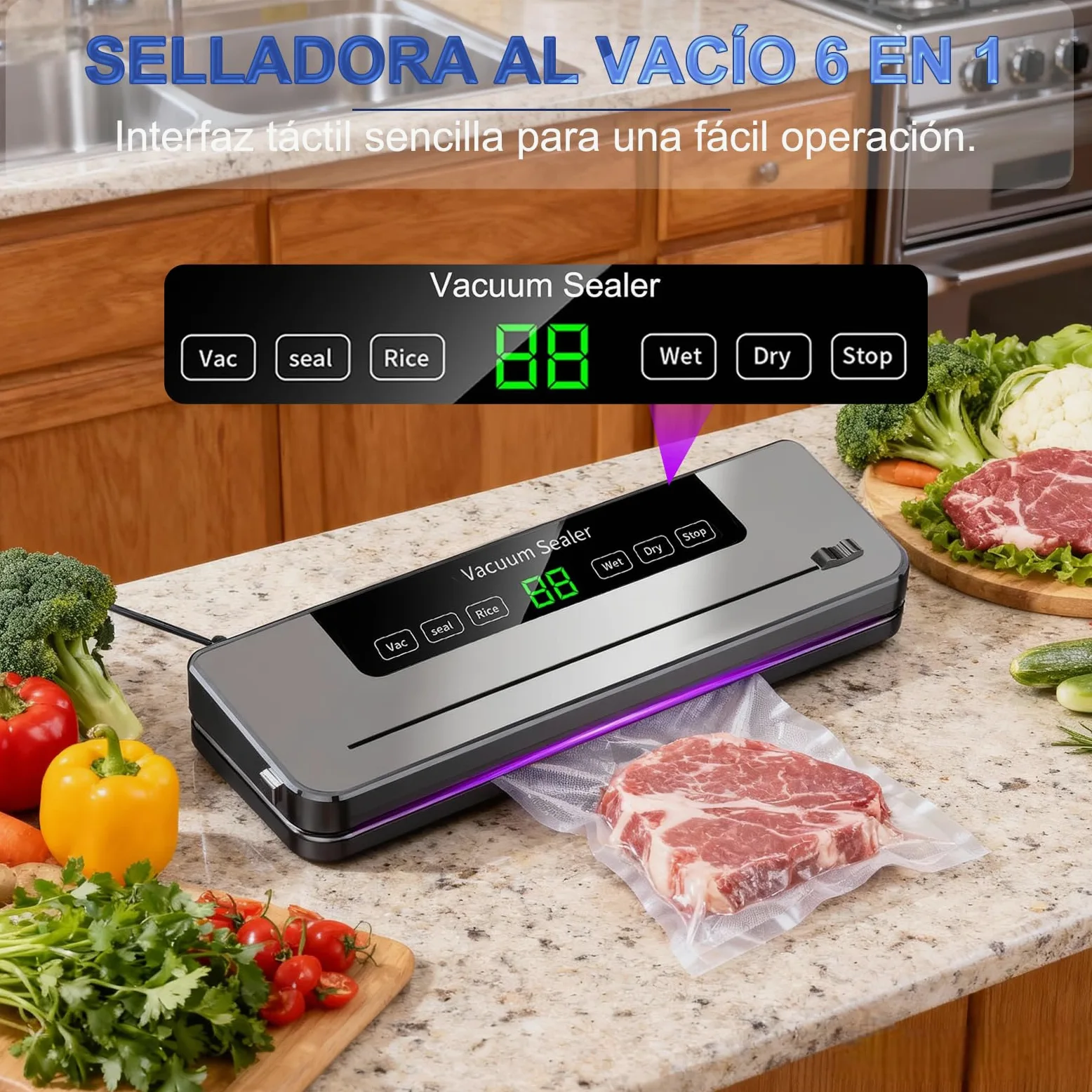 Máquina Selladora al Vacío de Alimentos, con 50 Bolsas de Vacío, Dispositivo de Envasadora al Vacio Multifuncional 5 en 1, con Modo húmedo y Seco Para Almacenar Frutas, Verduras, pan, Carne