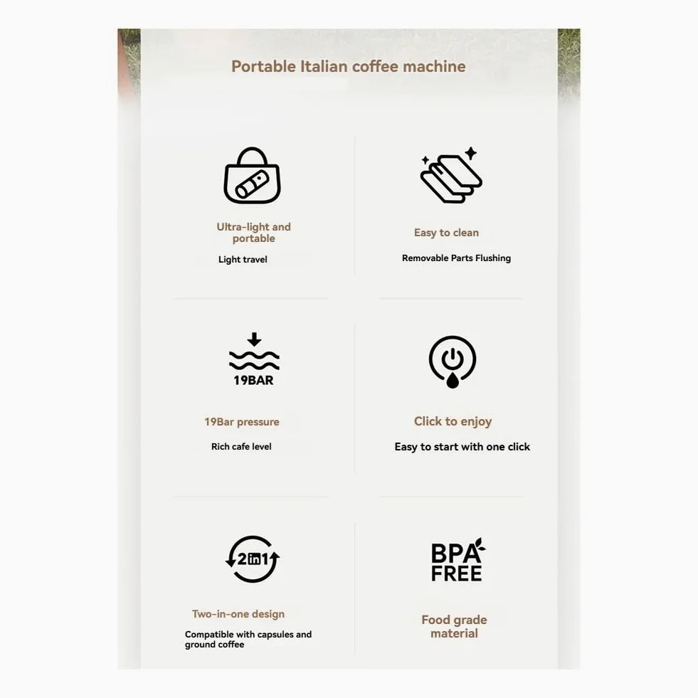 Bamberg Mini Cafetera de Cápsulas 2 en 1, Portátil, Compatible con USB, con Cápsulas y Café Molido, Intensidad Ajustable