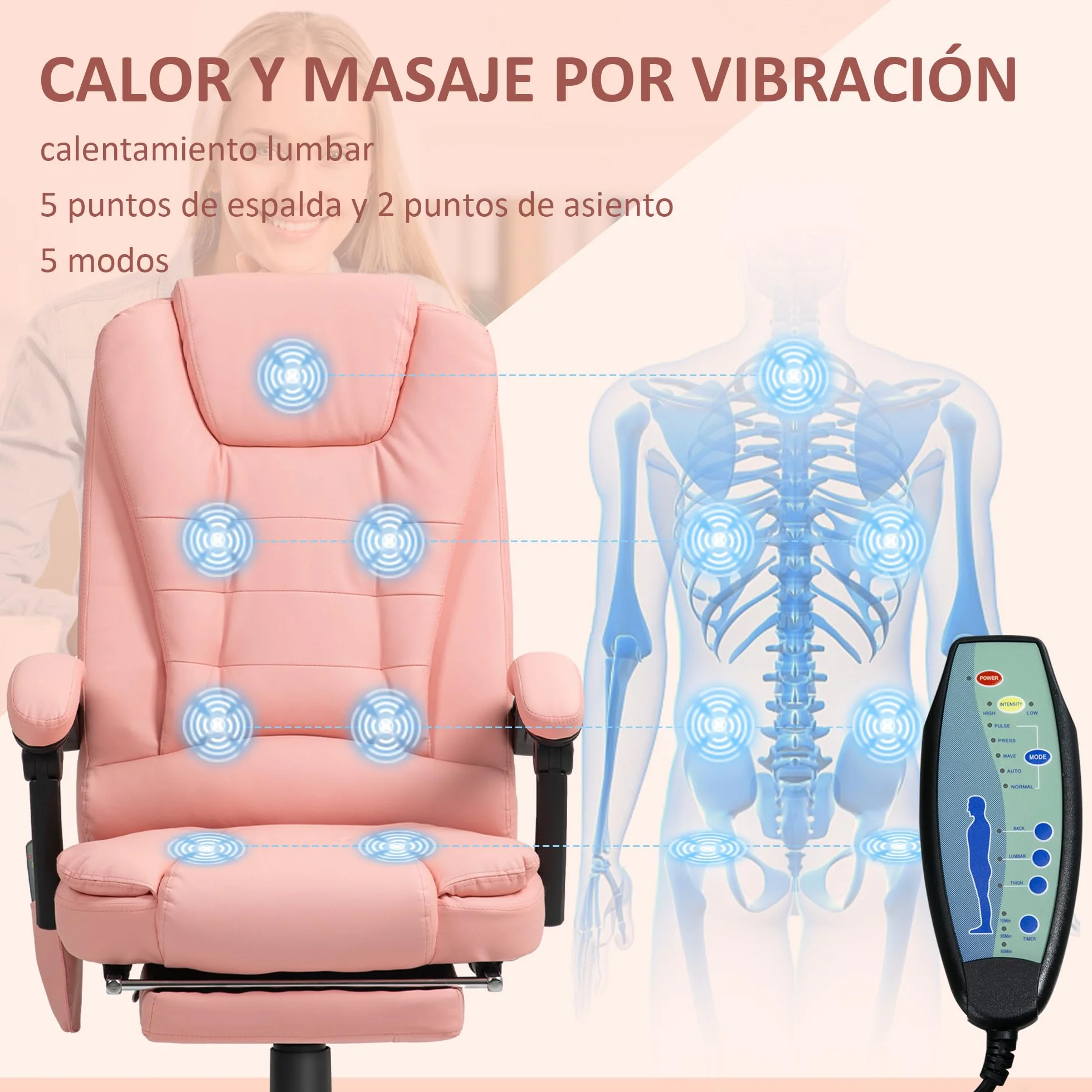 Vinsetto Silla de Oficina con 7 Puntos de Masaje Silla de Masaje Giratoria Silla de Escritorio con Reposapiés Retráctil Altura Ajustable Control Remoto y Tejido de PU Rosa