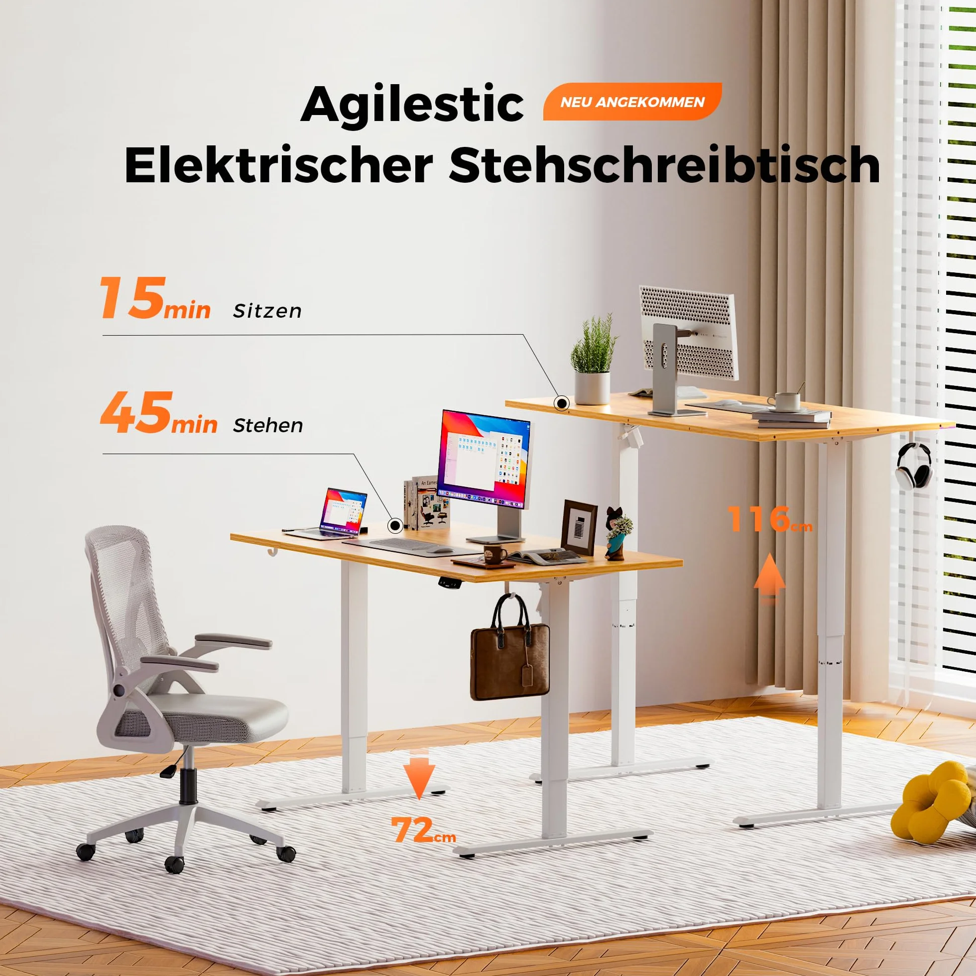Agilestic - Escritorio Eléctrico Regulable en Altura 120x80 cm, Mesa de Pie o Asiento con Función de Memoria, Mesa de Computadora Ajustable en Altura, Escritorio para Juegos con Tablero de Cuatro