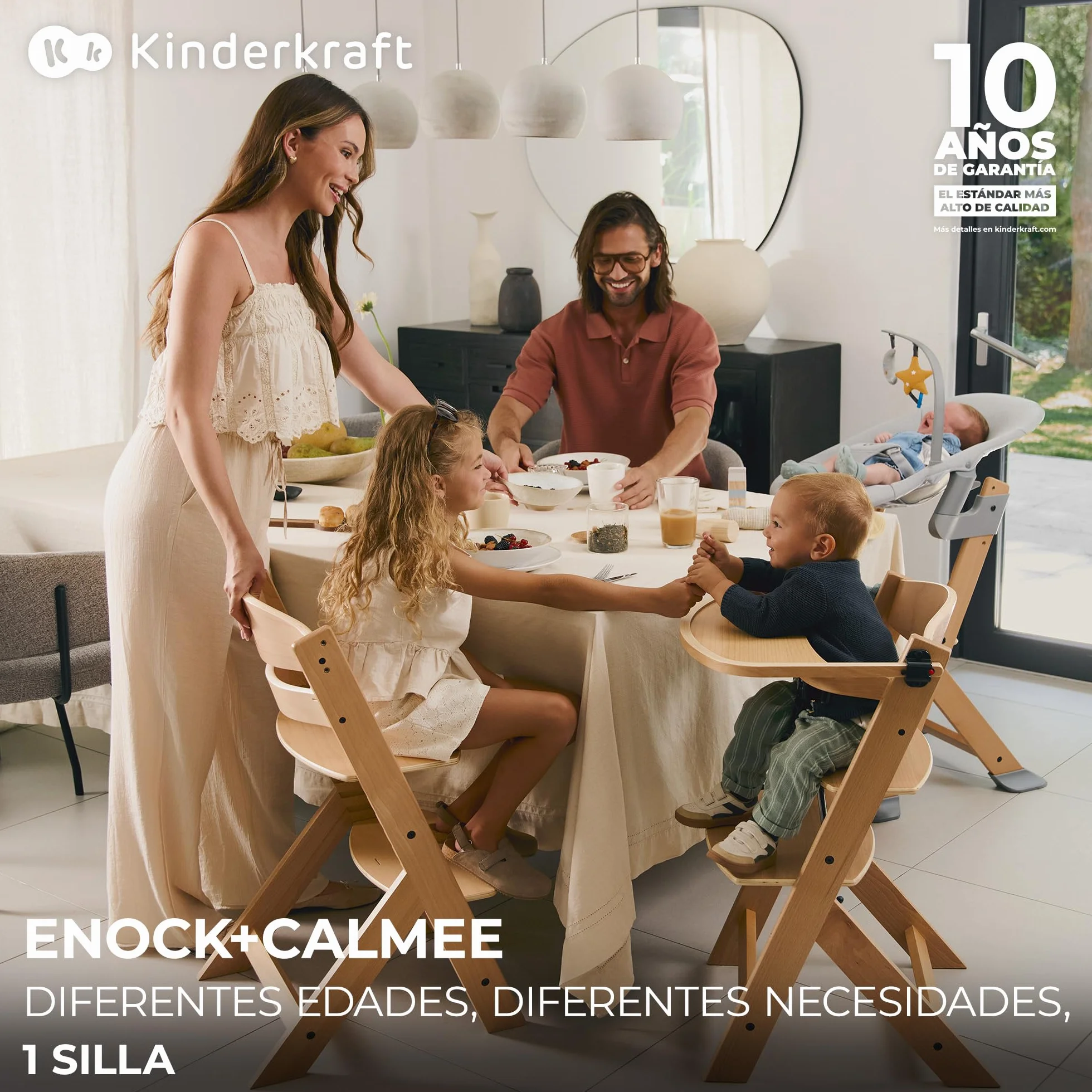 Kinderkraft ENOCK Trona bebé de Madera + Hamaca Bebé CALMEE, Silla alta Infantil Evolutiva Ergonómica, Gris