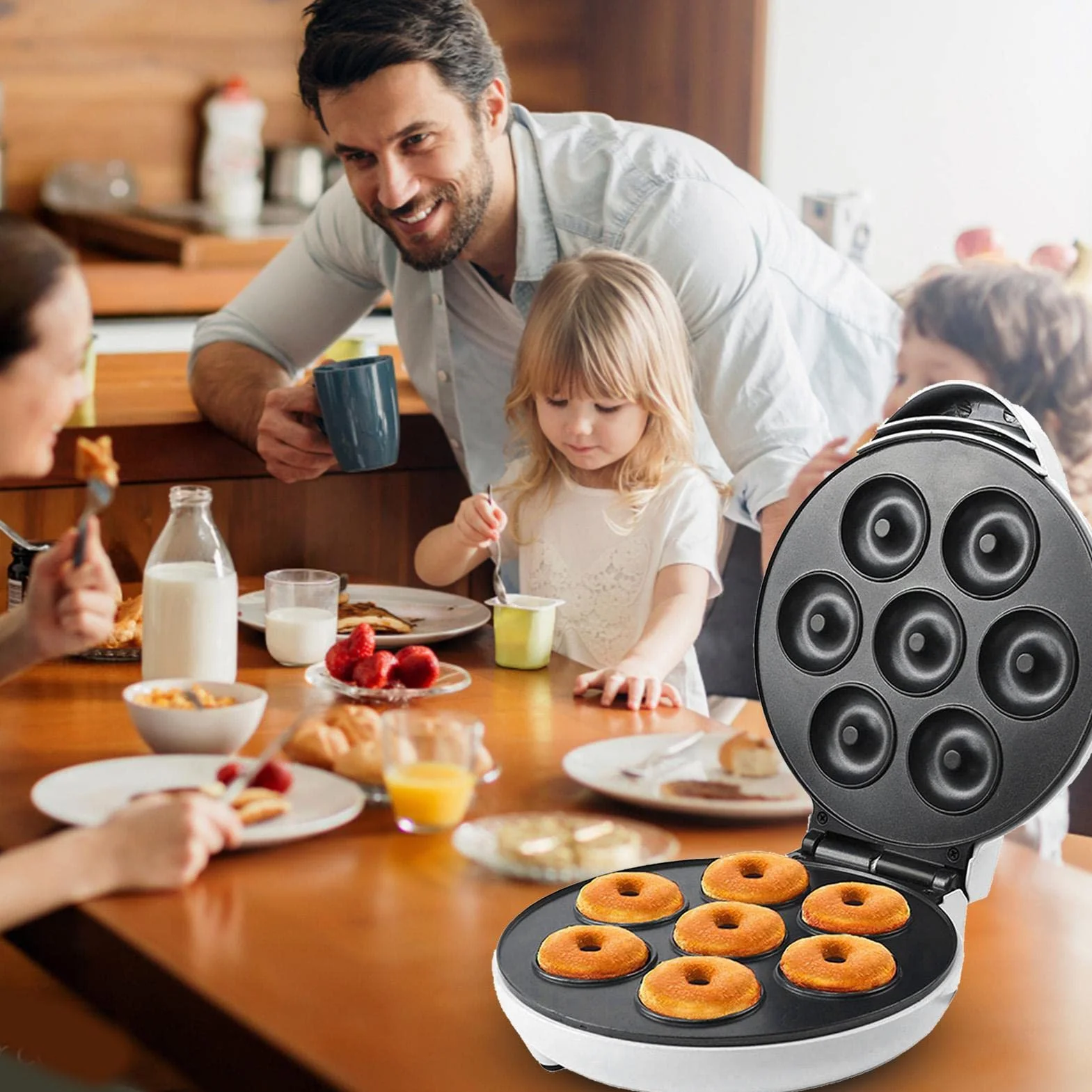 donas | Máquina para Hacer donas Desayuno 1200 W | Máquina para Hacer Donuts eléctrica Antiadherente 7 Agujeros para panadería casera, Tienda postres