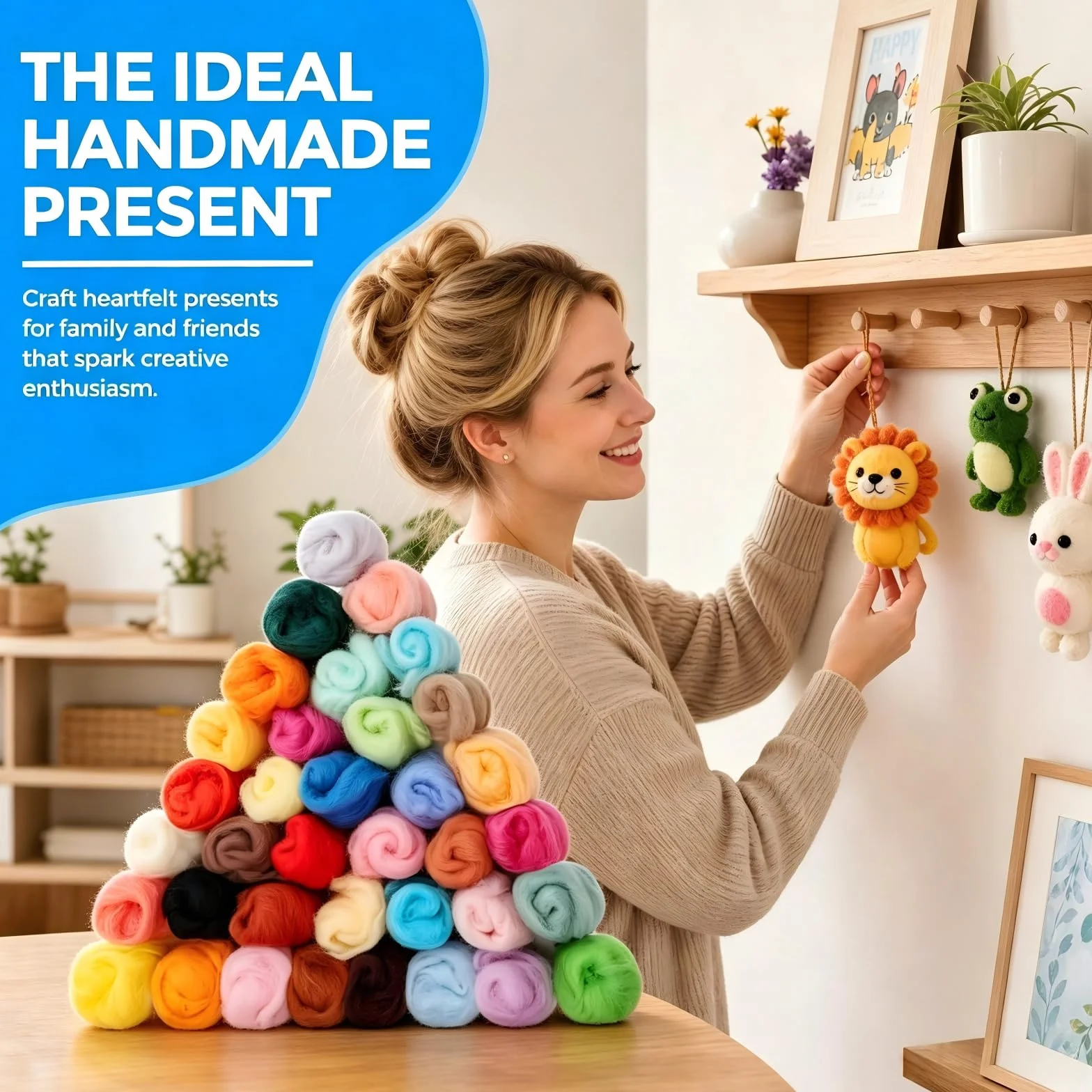 Juego de Lana de Fieltro De 72 Colores Para Manualidades, Kit Afieltrado Principiantes Con 3 Tamaños Agujas Fieltro, Mango Madera Reforzado Anti-Afloje y Caja Plástica, Lana Merino Para Remendar