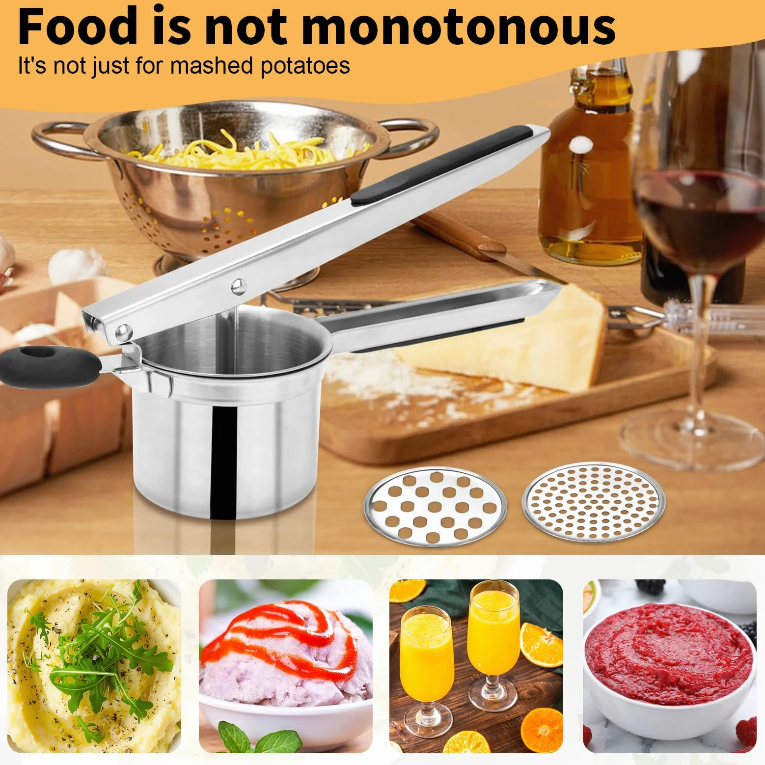 Prensador de patatas grande de 15 onzas con 3 discos intercambiables, de acero inoxidable resistente para puré de patatas, herramienta de cocina con mango ergonómico, máquina de spaetzle