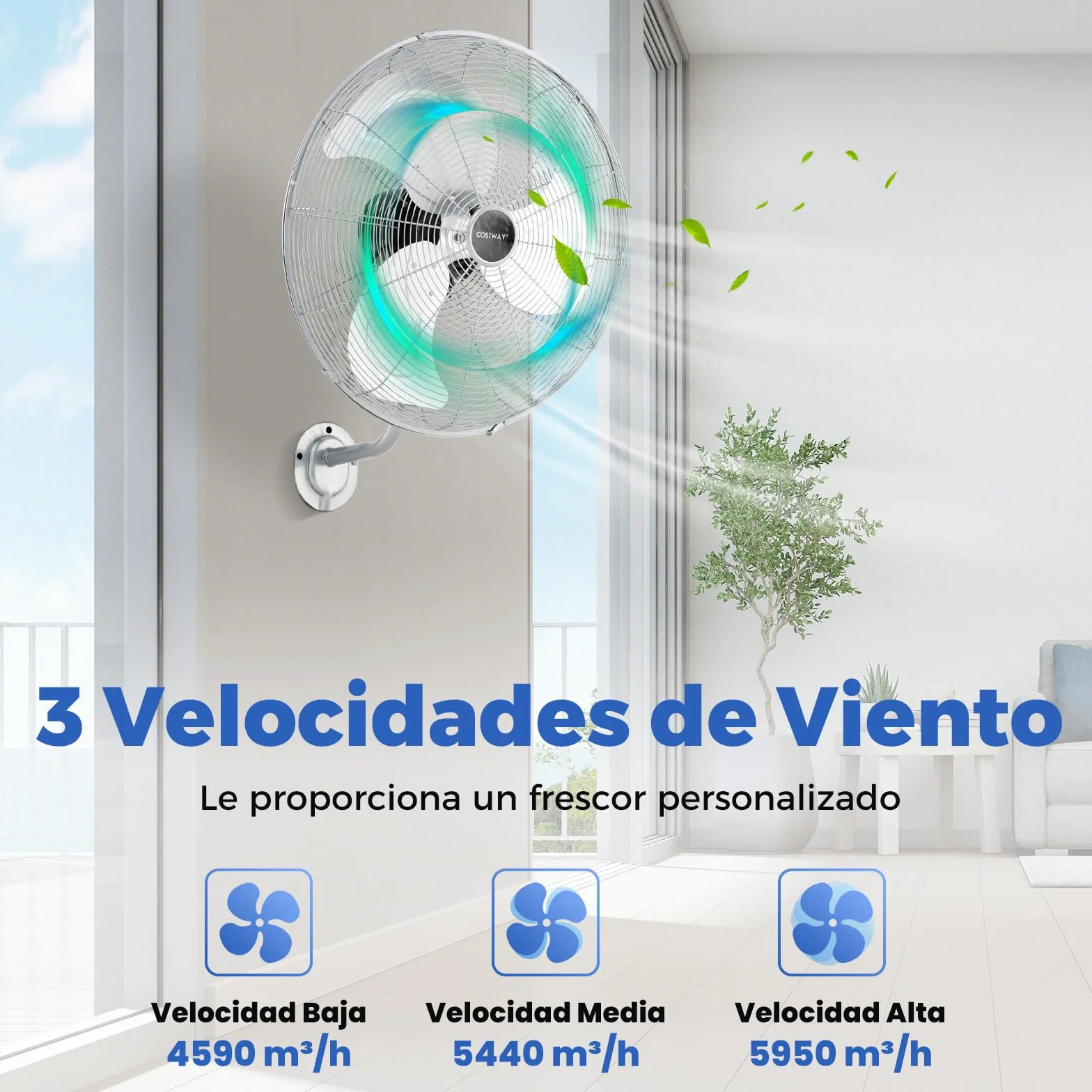 COSTWAY Ventilador Industrial de 120W, Ventilador de Pared Φ55cm con 3 Velocidades, Rotación Horizontal de 85°y Vertical de 30°, 3 Aspas de Aluminio, Metálico para Almacén y Taller (Plata)