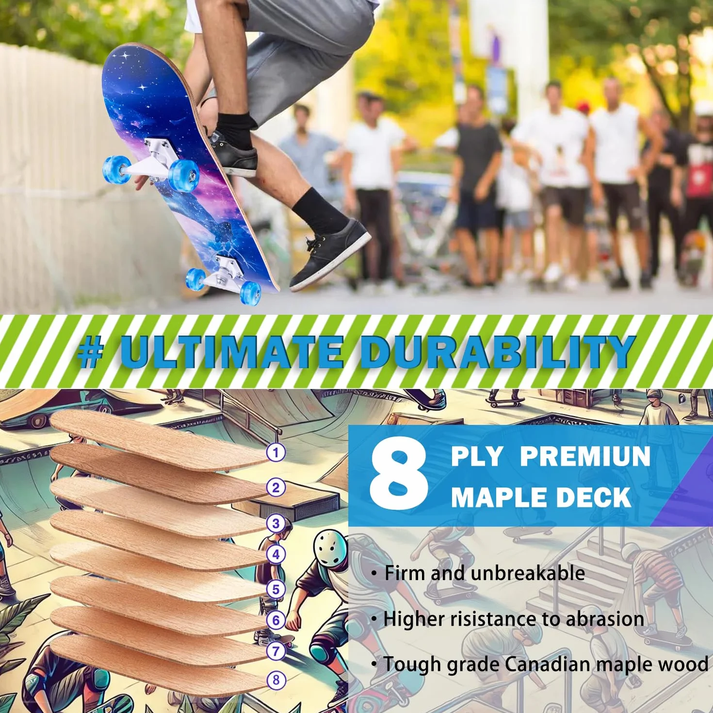 Monopatín Cruiser Skateboard 31 x 8 pulgadas Doble Kick Deck Cóncavo ABEC-11 Rodamientos 8 Capas Madera de Arce