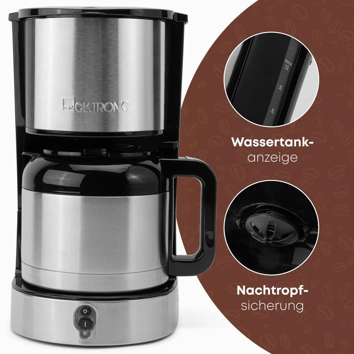 Clatronic, cafetera acero inoxidable, protección antigoteo, portafiltro, jarra termo 1,2L, KA3805, acero inoxidable/negro
