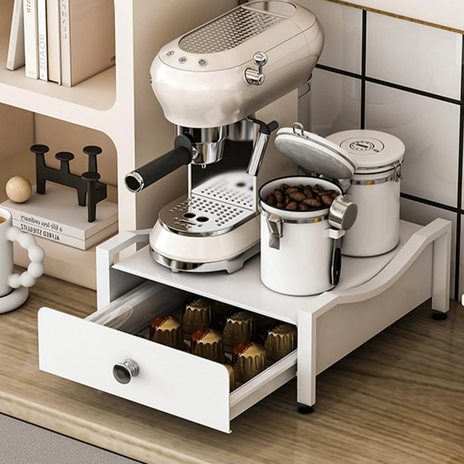 Soporte resistente para máquina de café de acero al carbono con cajón deslizante para almacenamiento de cápsulas y accesorios, organizador de cocina (S)