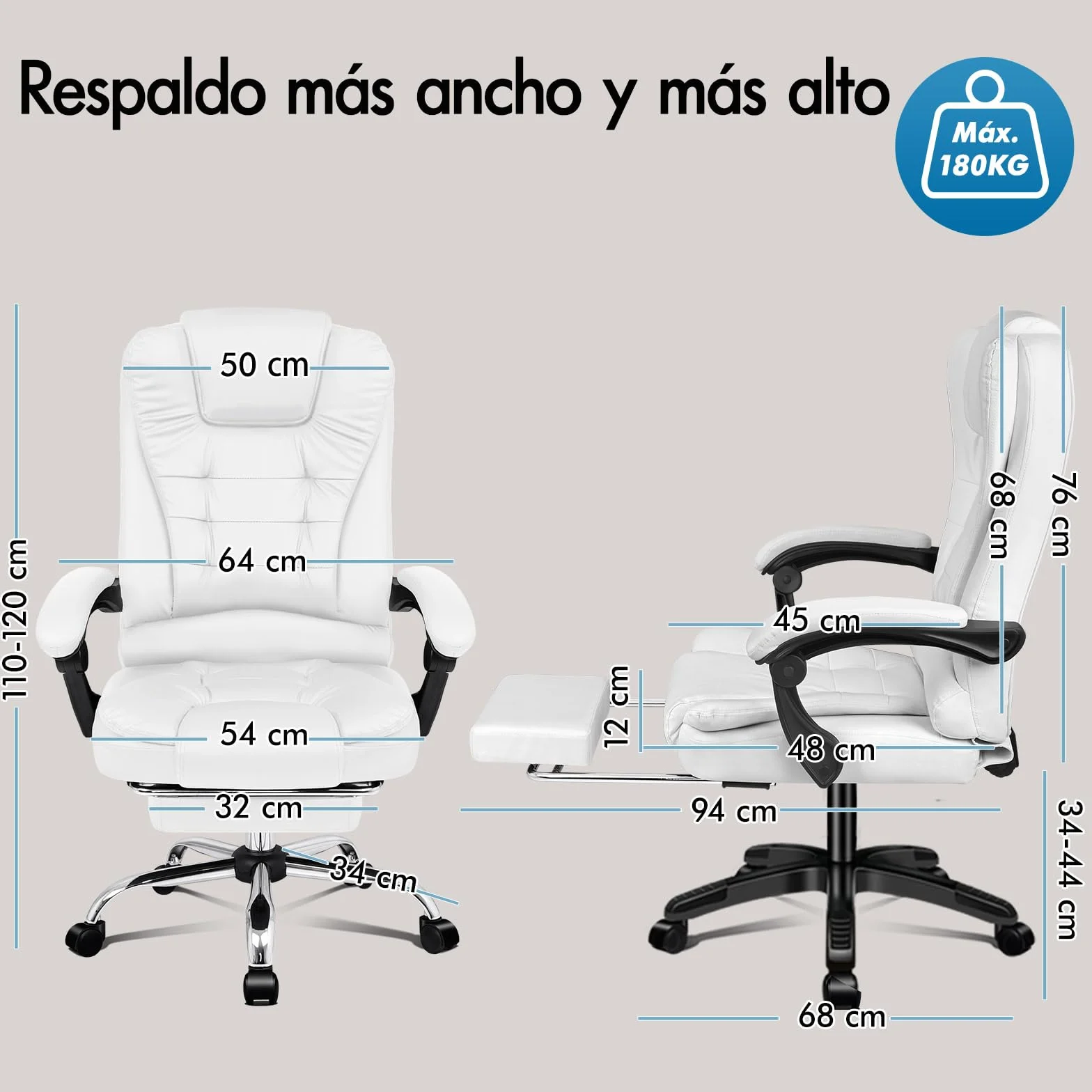 ALFORDSON Silla Oficina Ejecutiva con Masaje, Silla Ergonómica Escritorio con Función de Asiento Calefactable, Reposapiés Retráctil, Reclinable 150°, Cadeira de Ordenador Giratoria, Cuero PU(Blanca)