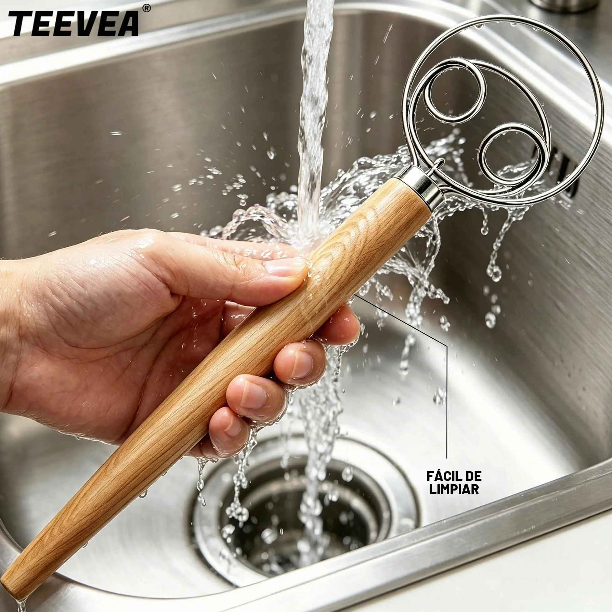 TEEVEA Batidor de masa danés de acero inoxidable estilo holandés para masa de pan con mango de madera, herramientas de cocina para hornear, herramientas y suministros para hacer pan