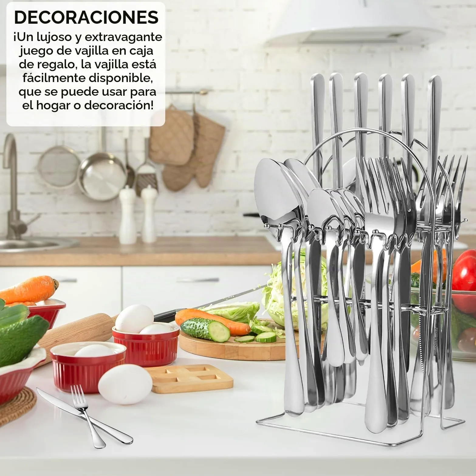Juego de Cubiertos Colgantes de 24 Piezas, Acero Inoxidable con Soporte y Caja de Regalo, Para Hogar y Restaurantes