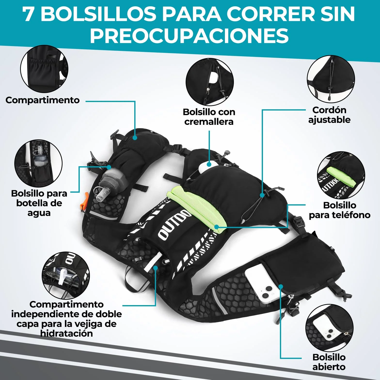 Chaleco Running Hombre Mujer, Ultraligero 160g Mochila Running Botella Agua 500 ml, Chaleco Trail Running Ajustable Reflectante con Silbato y Bolsillos para Maratón Ciclismo Senderismo