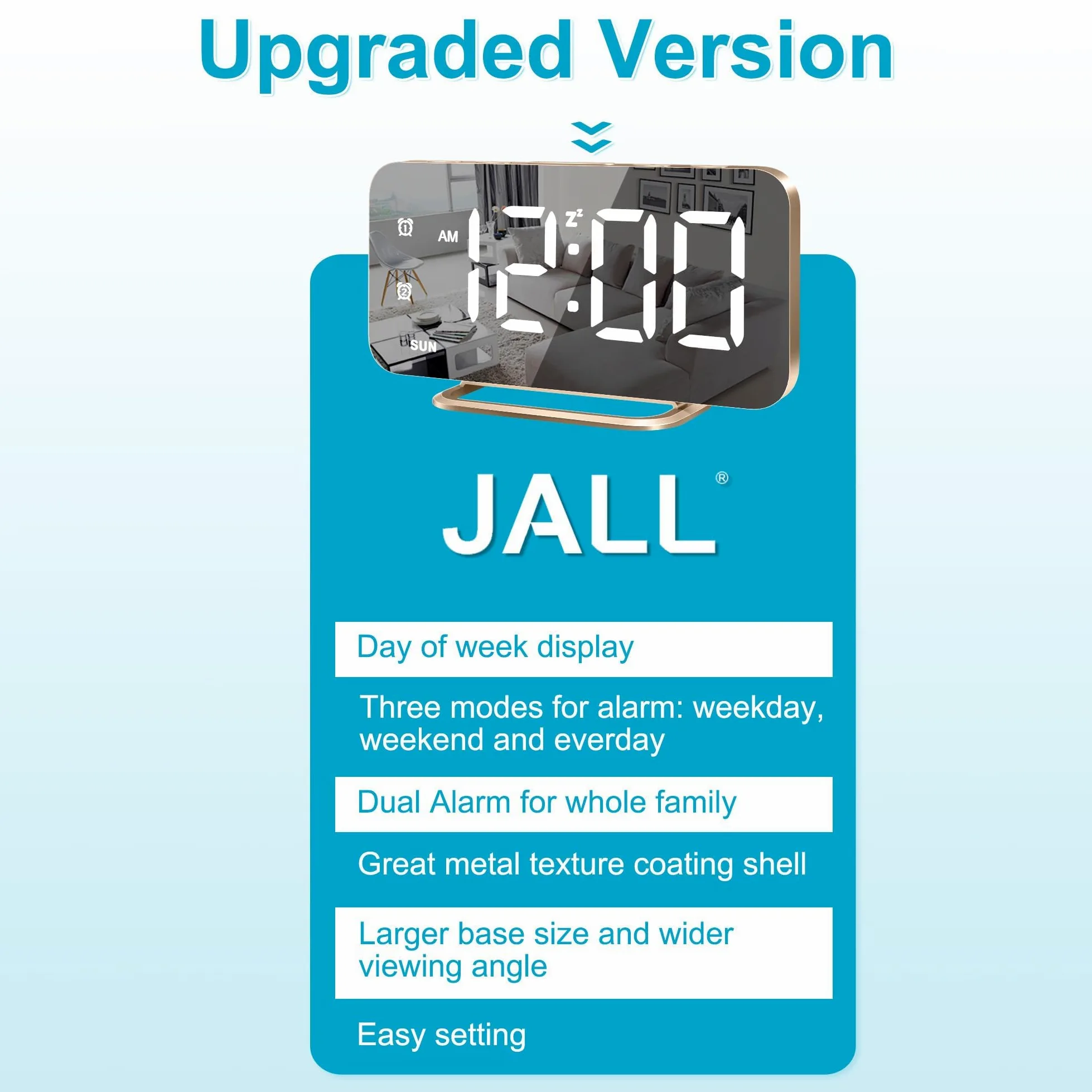 JALL Despertador digital LED delgado con superficie de espejo con función de atenuación, pantalla grande, fácil ajuste y puertos de carga USB
