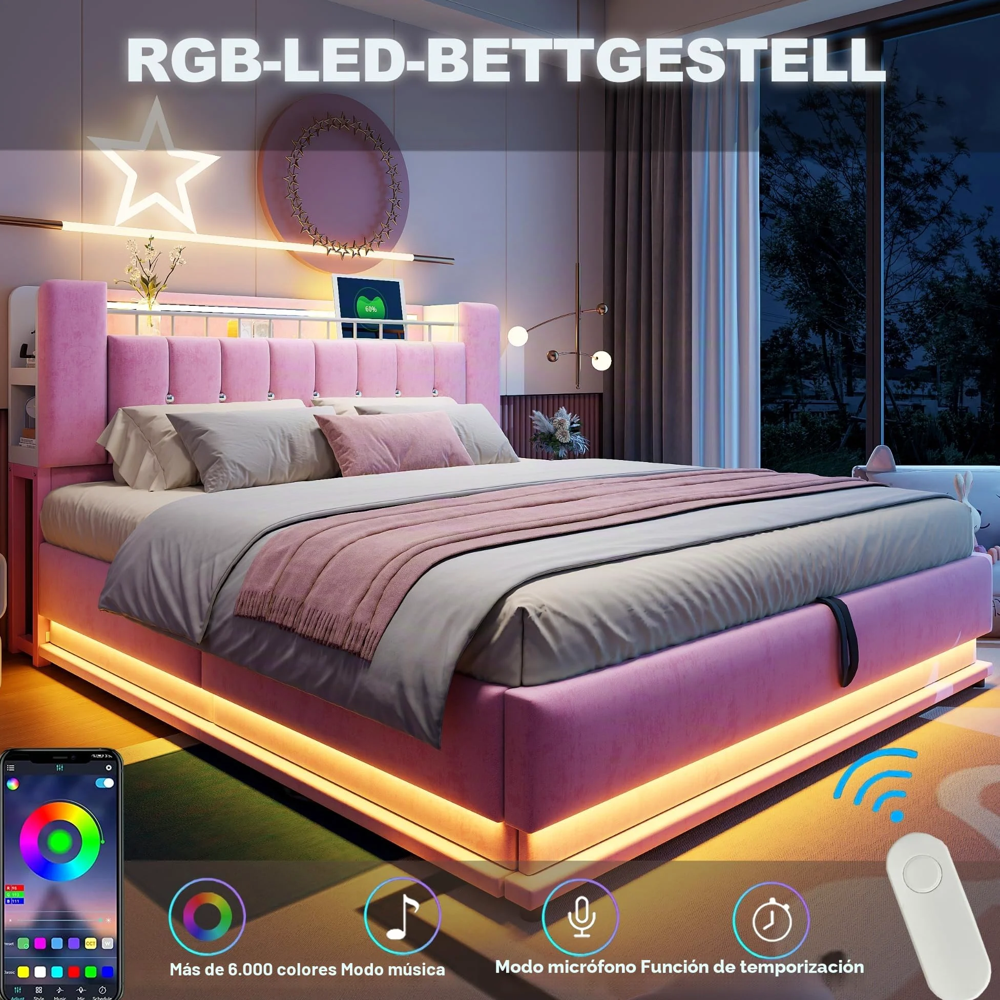 Kebnor Cama tapizada inteligente con iluminación LED, USB y almacenamiento hidráulico, funda de terciopelo suave y marco de metal (rosa, 180 x 200 cm)