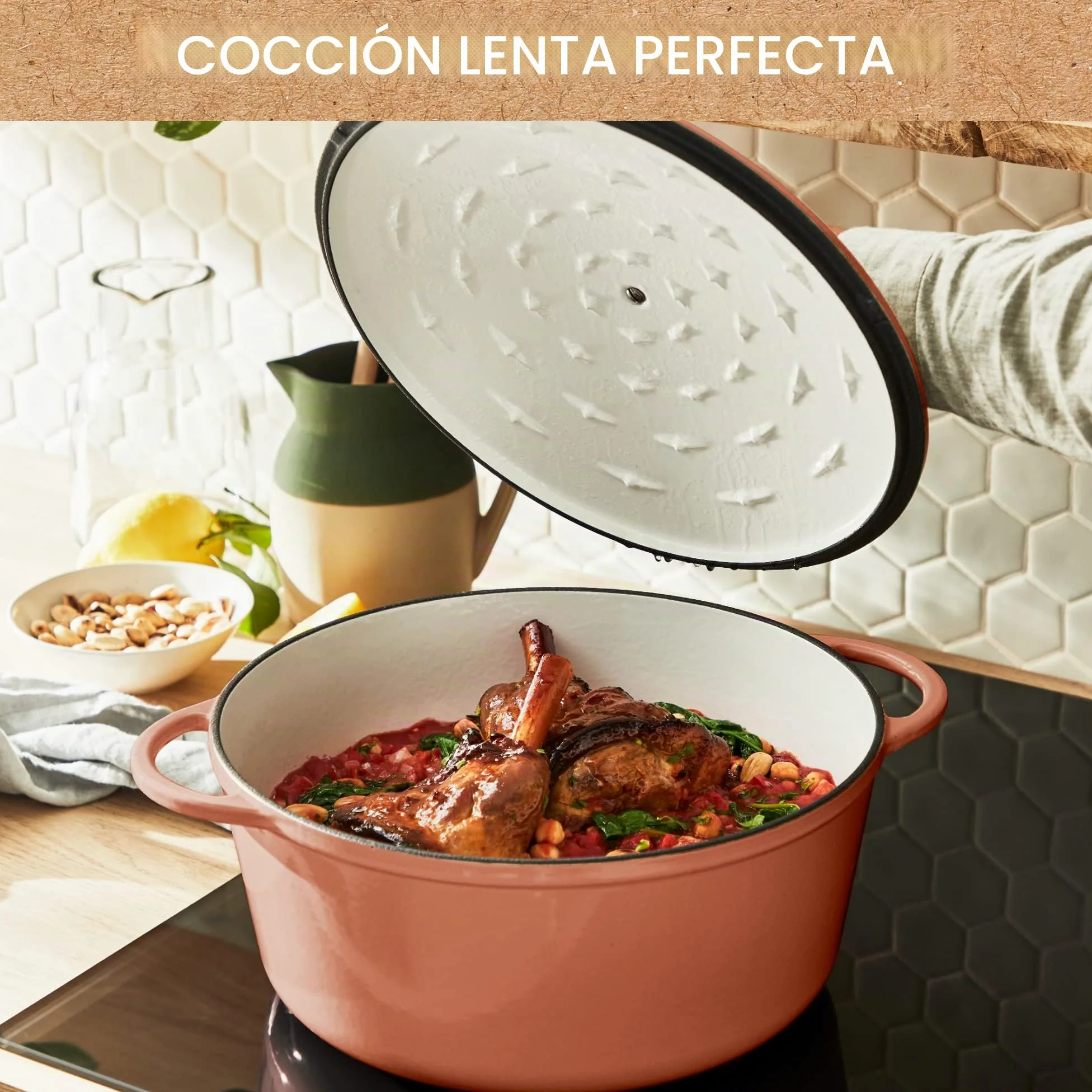 Tefal LOV E2600504 - Cacerola de hierro fundido esmaltado con tapa, 29 cm, 7,4 L, horno holandés, todo tipo de fuegos, olla de hierro fundido, ollas de cocina, aptas para lavavajillas, terracota,