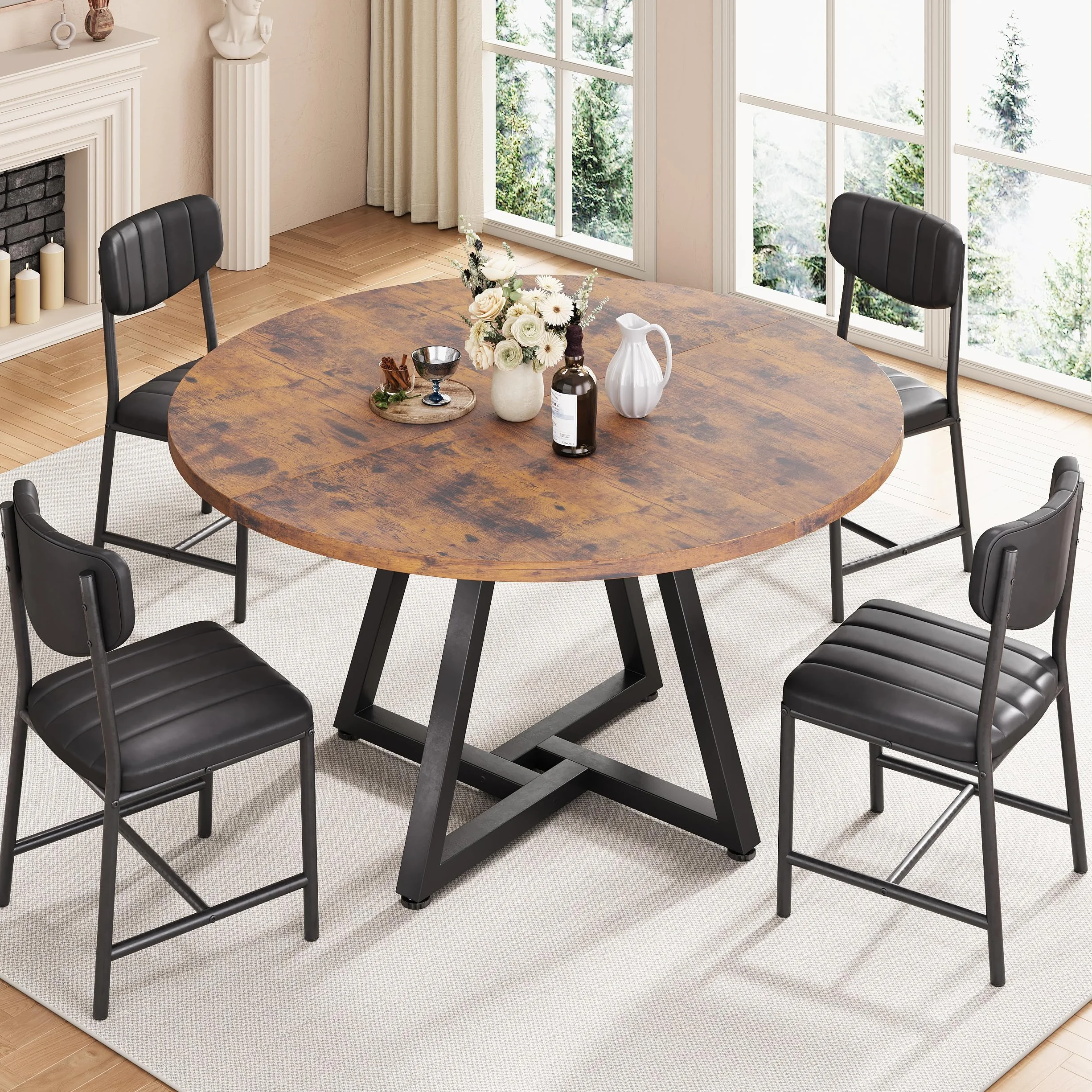 Jocoevol Mesa de Comedor Redonda para 4 Personas, Mesas de Cocina Industrial con Estructura Metálica Estable, Marrón Vintage, 107x107x76 cm
