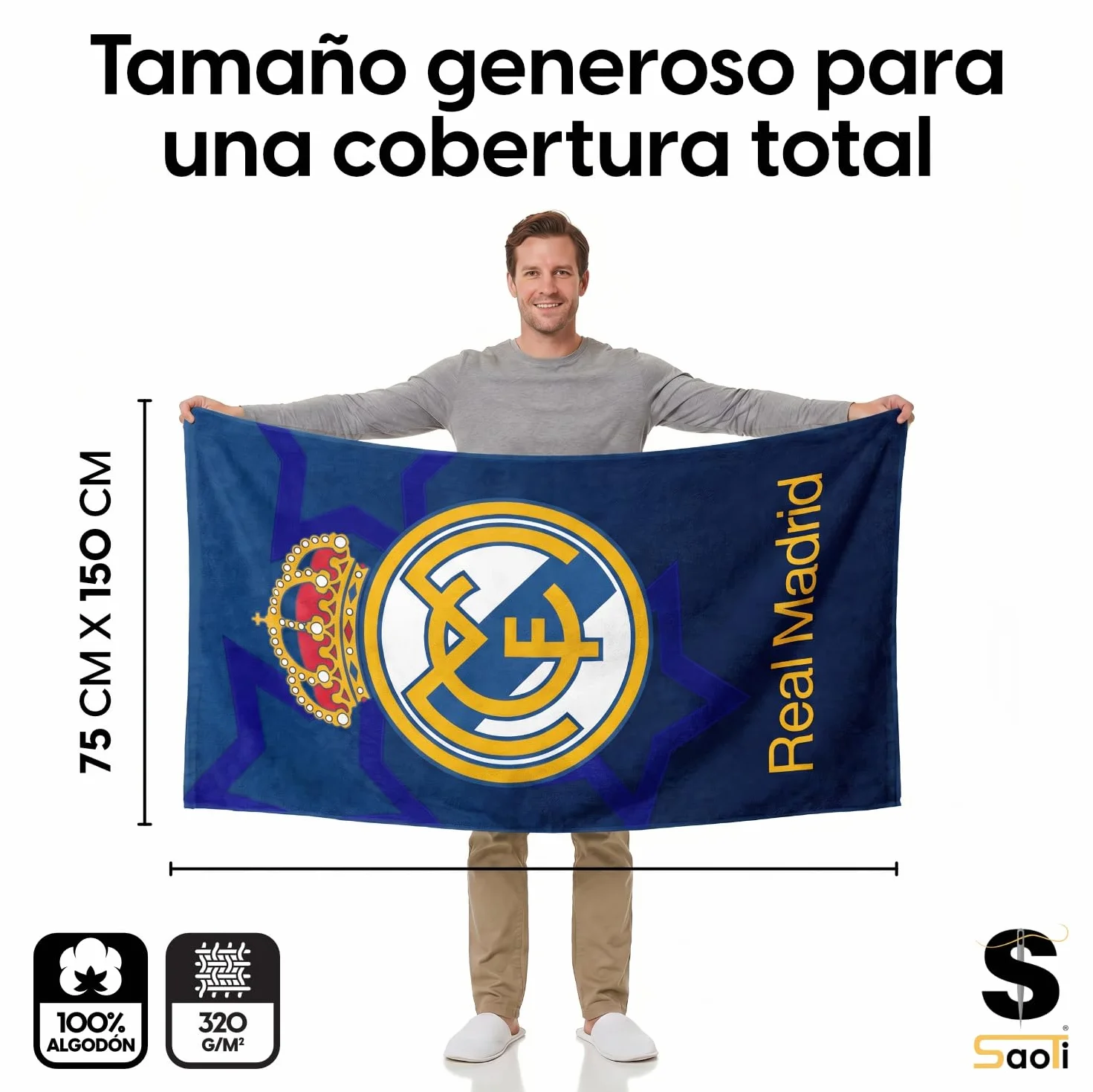 SaoTi Toalla Baño Grande Algodón 320g 75x150 cm - Toallas Ducha Ultra Absorbentes Gimnasio - Toallas Playa Fútbol Equipo Merengue Secado Rápido Adulto
