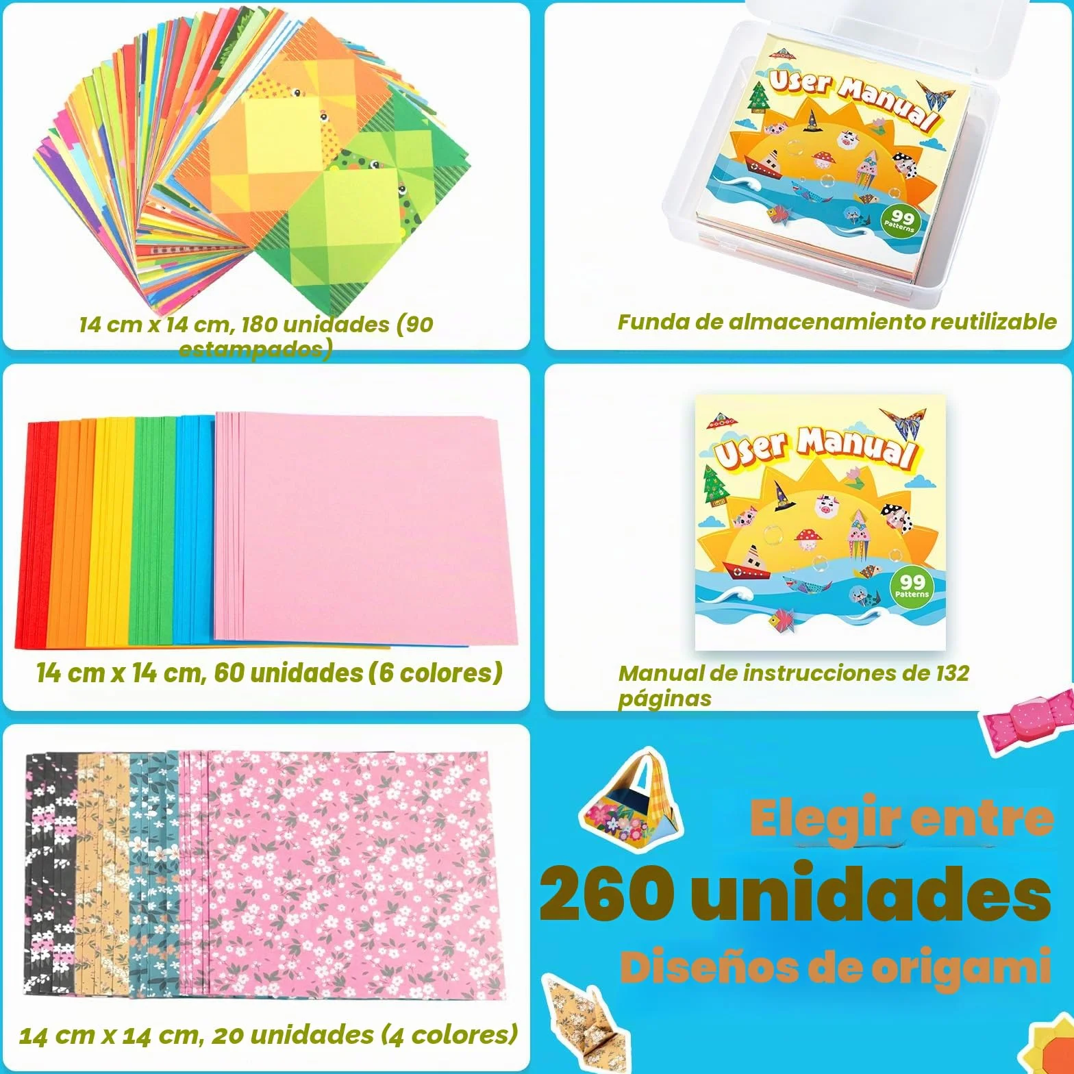 260 hojas de papel de origami, juego de origami para niños de 6 a 12 años con 99 patrones y libro de guía, kits de manualidades de papel plegable, suministros para niños y niñas, juguetes, avión de