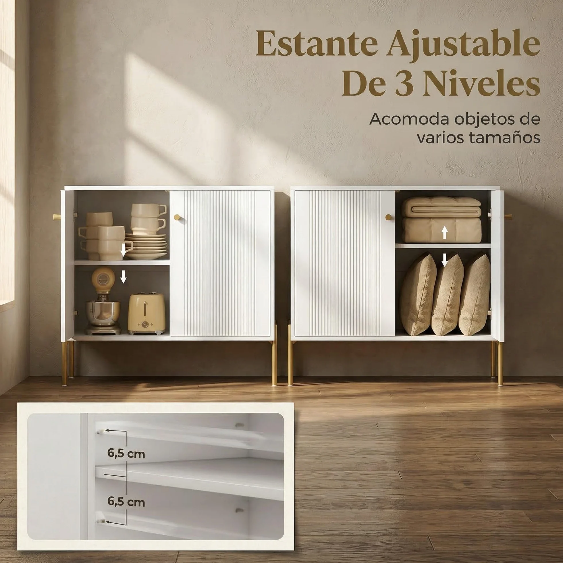 HOMCOM Aparador Moderno de 2 Puertas, Aparador de Salón con Estantes Ajustables, Encimera con Efecto Mármol, Patas de Acero, para Cocina, Entrada, Dormitorio, Blanco, 80x39,1x76 cm