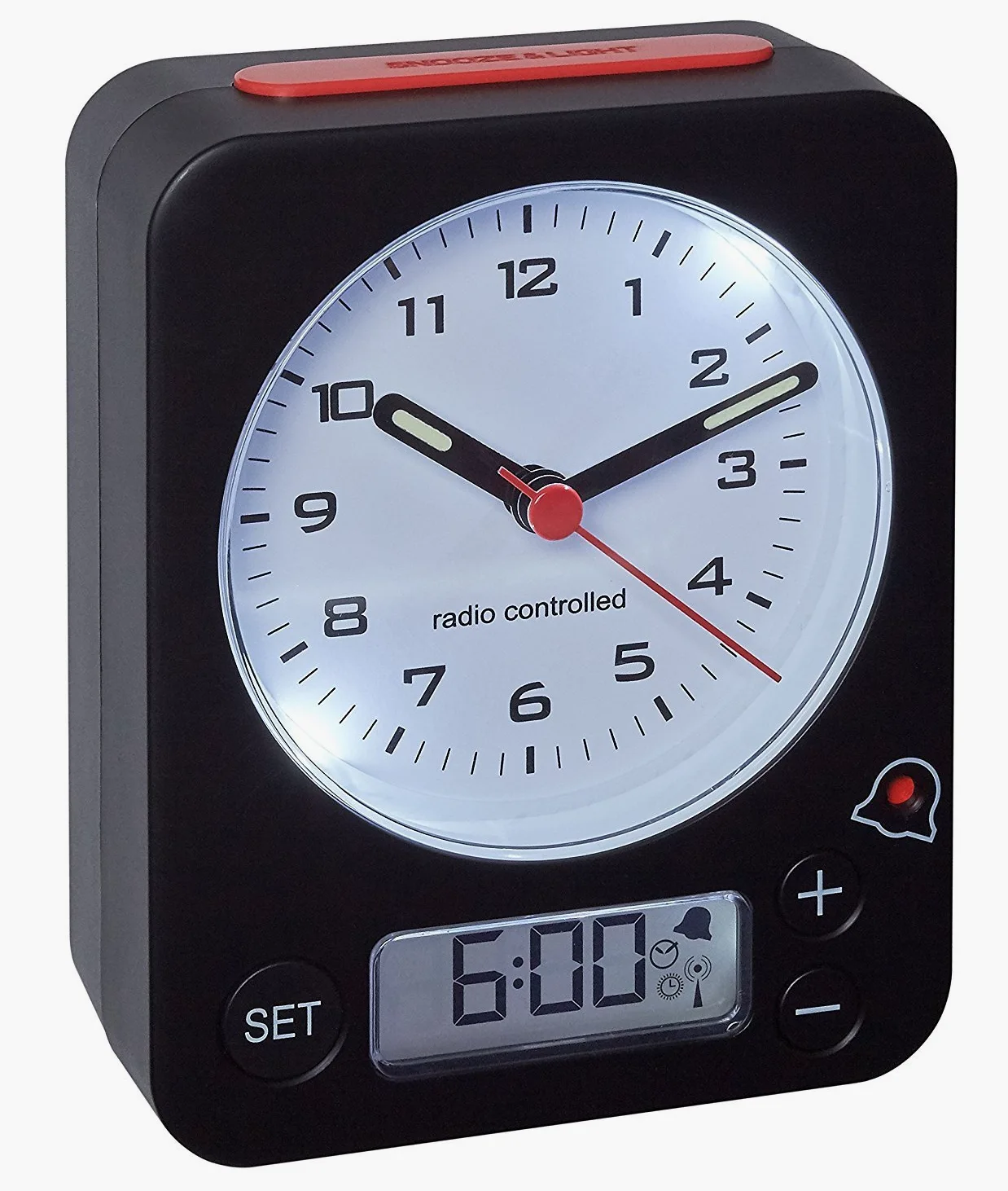 TFA-Dostmann 60.1511 Radio Despertador Combo Reloj Despertador de Viaje analógica, Negro-Rojo con baterías