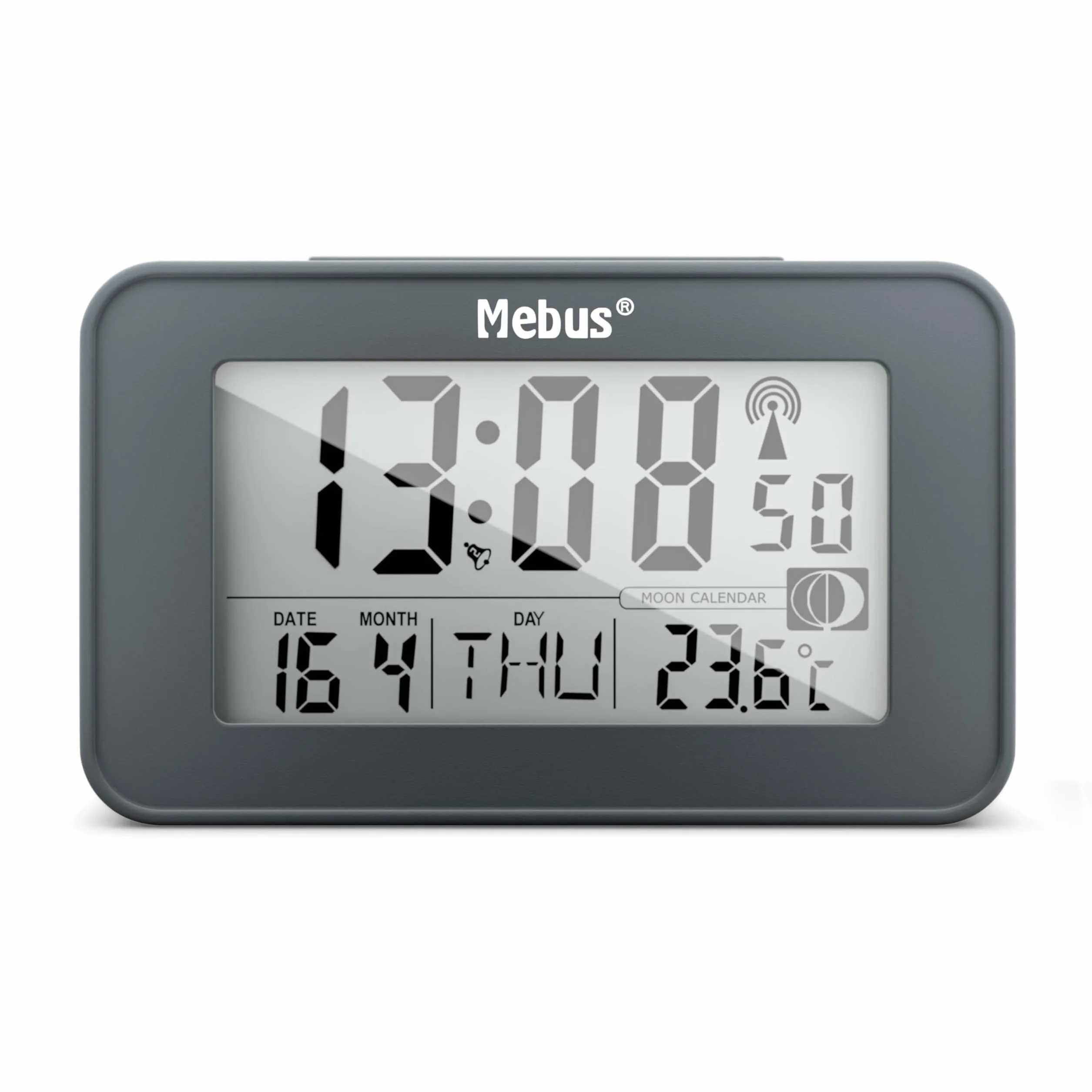 MEBUS digitaler Funk-Wecker mit Mondkalender, Beleuchtung, Innenthermometer, Schlummer-Funktion/Material: Kunststoff/Farbe: Grau/Modell: 51460