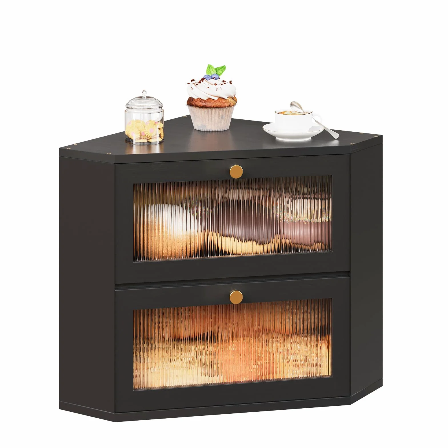 VEDECASA Panera de bambú para cocina, 2 niveles, con puerta acrílica transparente, apta para alimentos, con gran espacio de almacenamiento, color negro, 31 x 31 x 35 cm (negro)