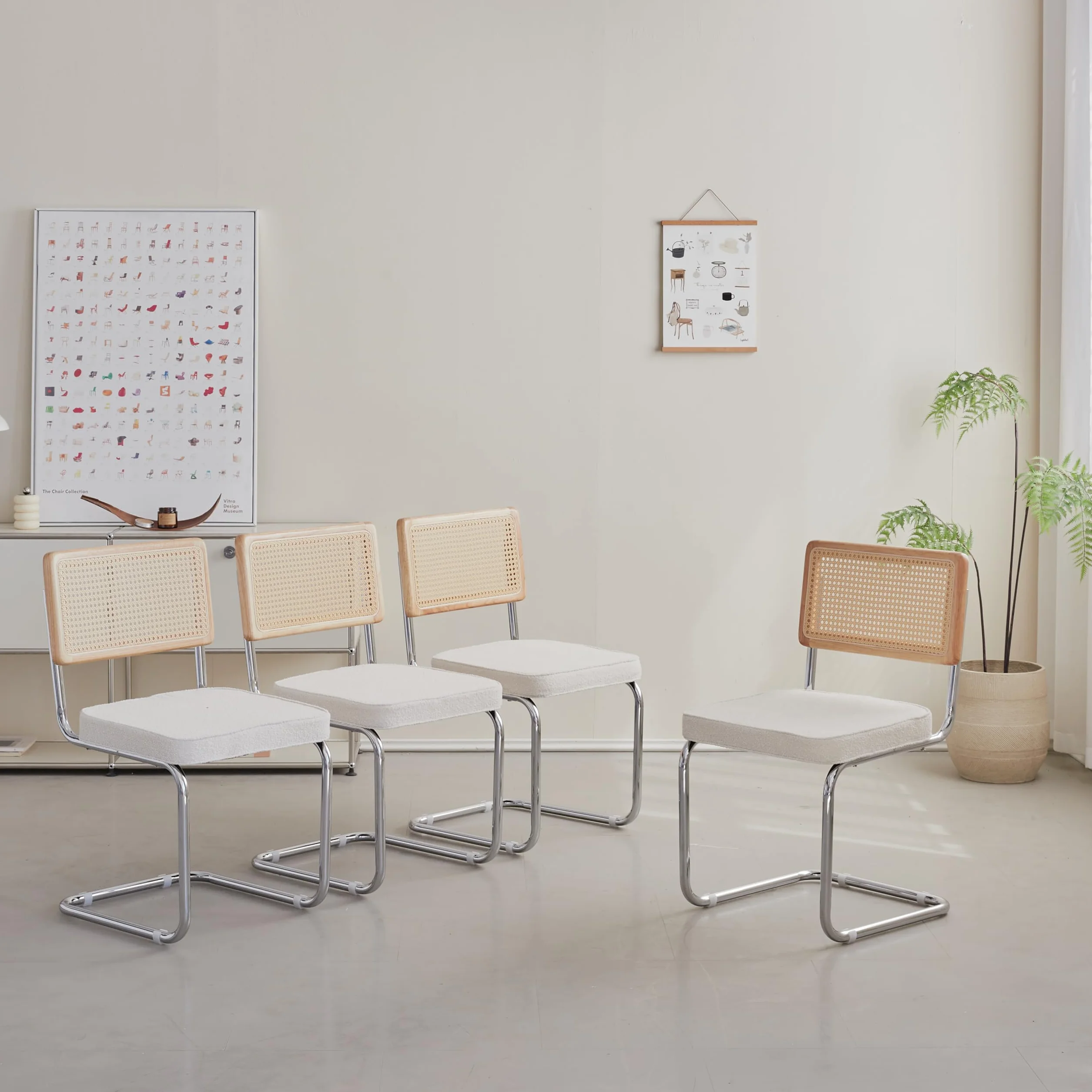 Pack 4 Sillas de Comedor Estilo Nórdico Silla Escandinava; Sillas de Cocina Modernas con Respaldo de Madera Maciza de Ratán y Asiento Tapizado (Blanco Polar)
