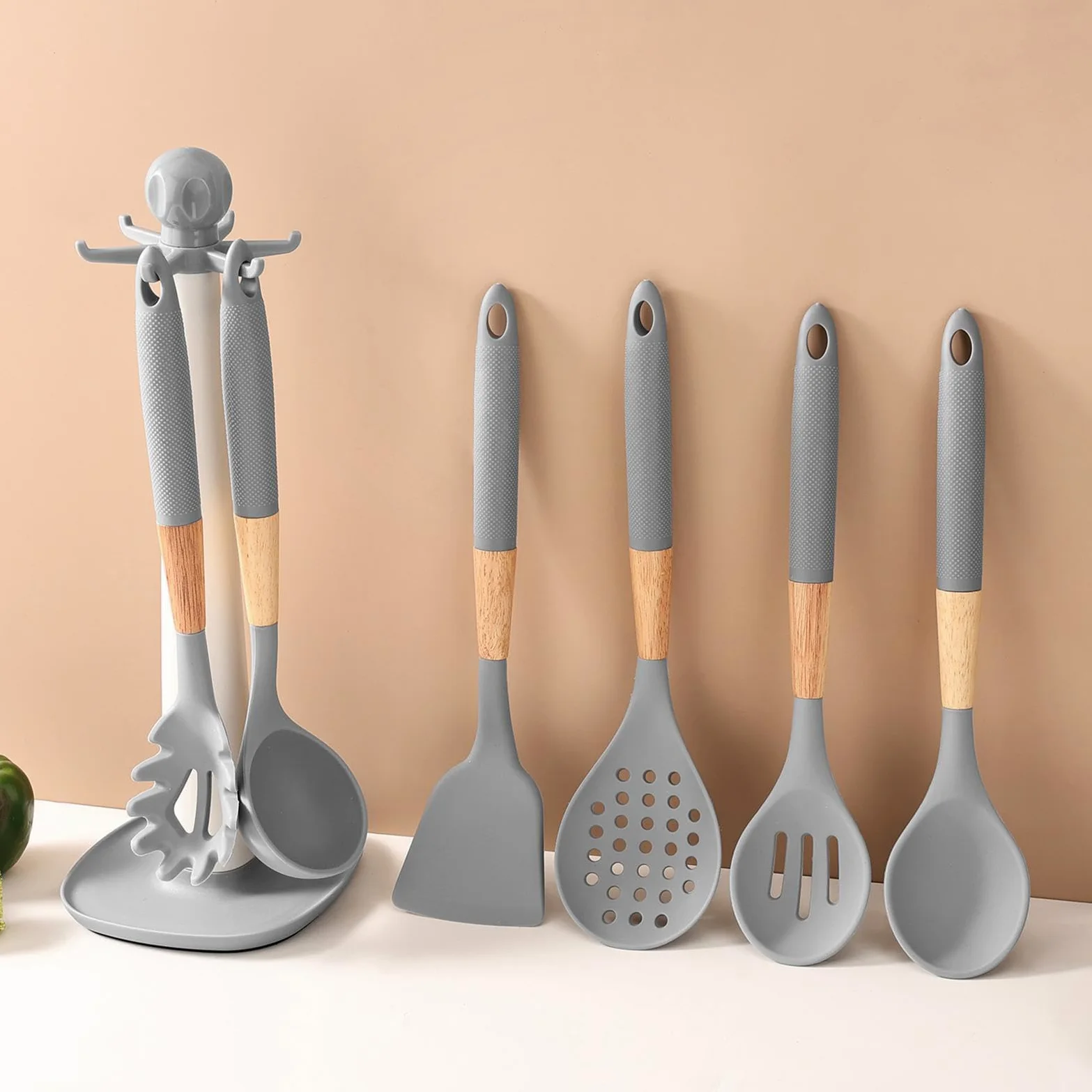 Utensilios de Cocina de Silicona Set de 7 Piezas con Mango Largo, | Cucharas de Cocina, Cucharón y Espátula para Hogar, Apartamento, Restaurante, Camping, Cocinar,