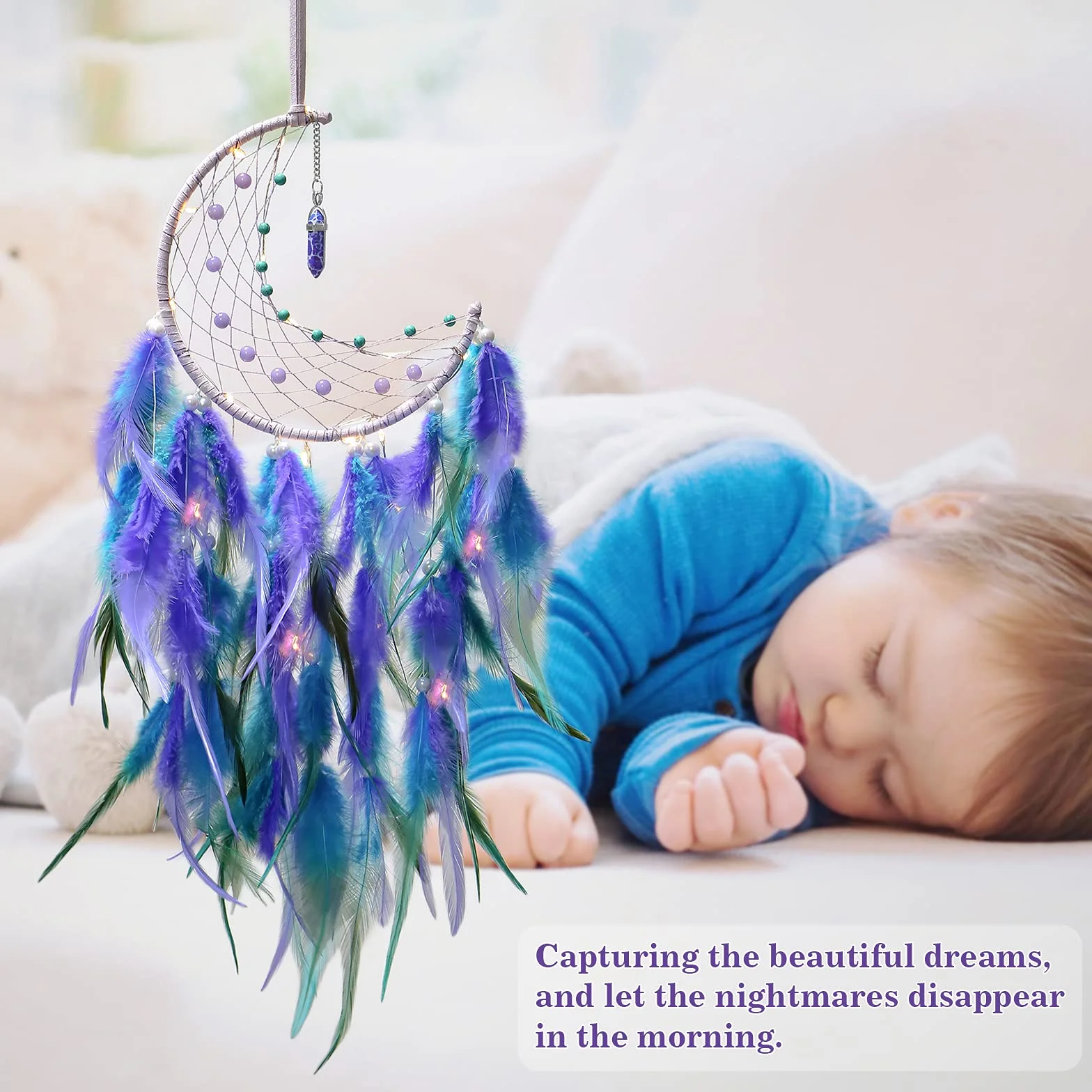 Dremisland Luna Atrapasueños LED con Plumas Hecho a Mano Dream Catcher Turquesa Colgante de Pared Adorno para decoración Hogar Dormitorio Regalo Artesanal (Azul & Púrpura)