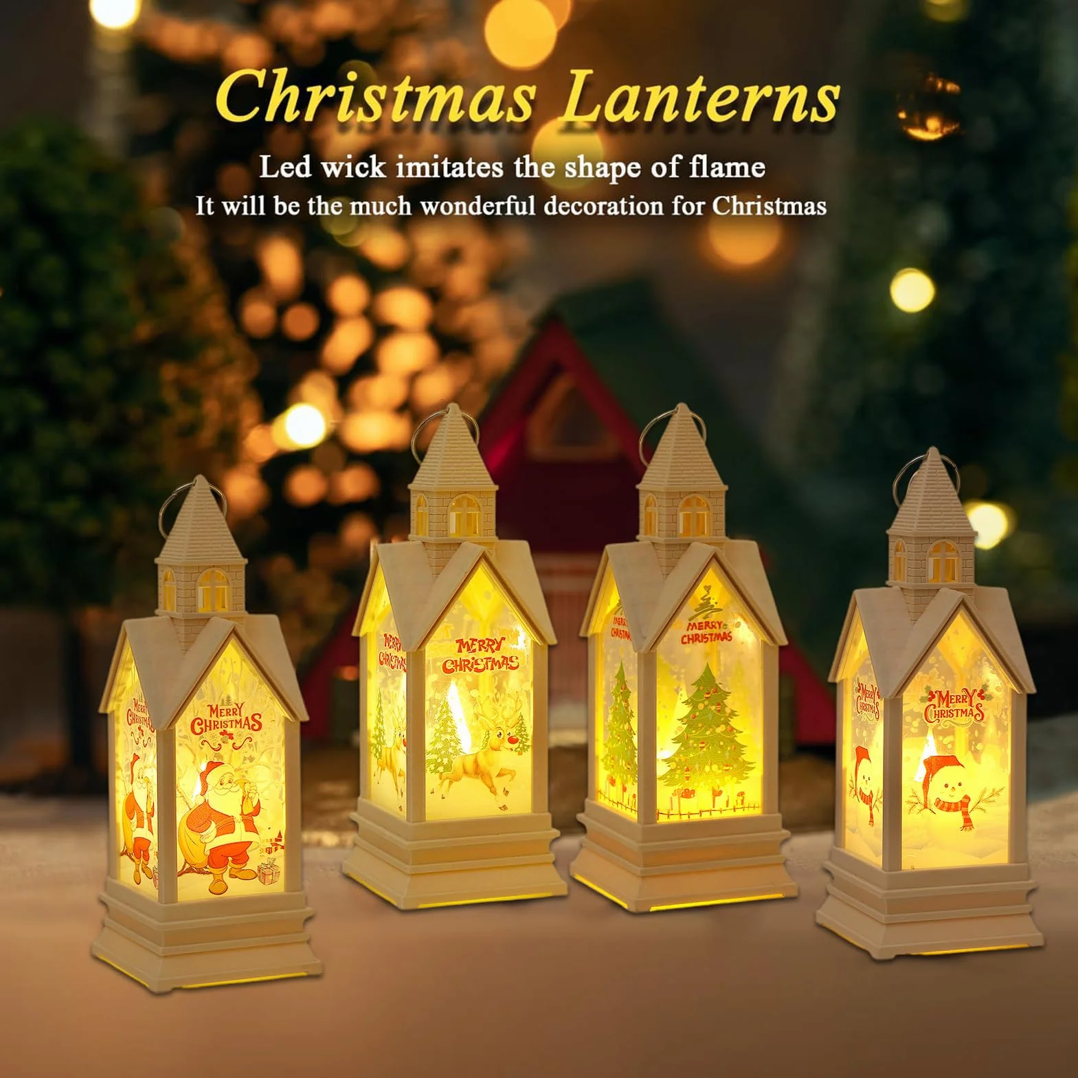 4 farolillos de decoración navideña, farolillos para decoración navideña, farolillos de Navidad con reno y árbol de Navidad, farolillos de Navidad con luz LED blanca cálida, farolillos para decoración