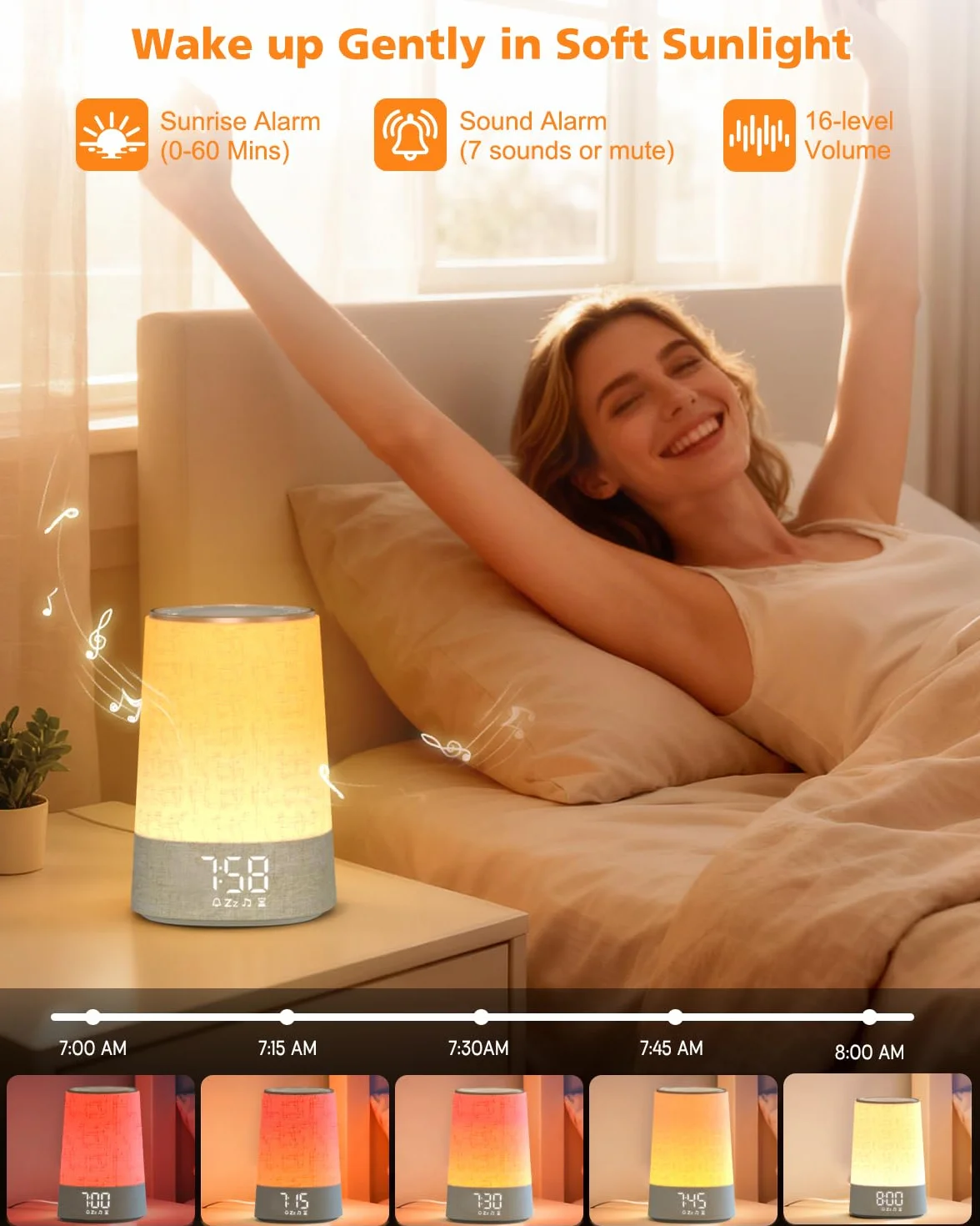 Despertador Amanecer con 30 sonidos de la naturaleza,pantalla totalmente regulable,lámpara de 10 Niveles de Brillo,ayuda para dormir y temporizador, regalos para madres y padres,mujeres y hombres