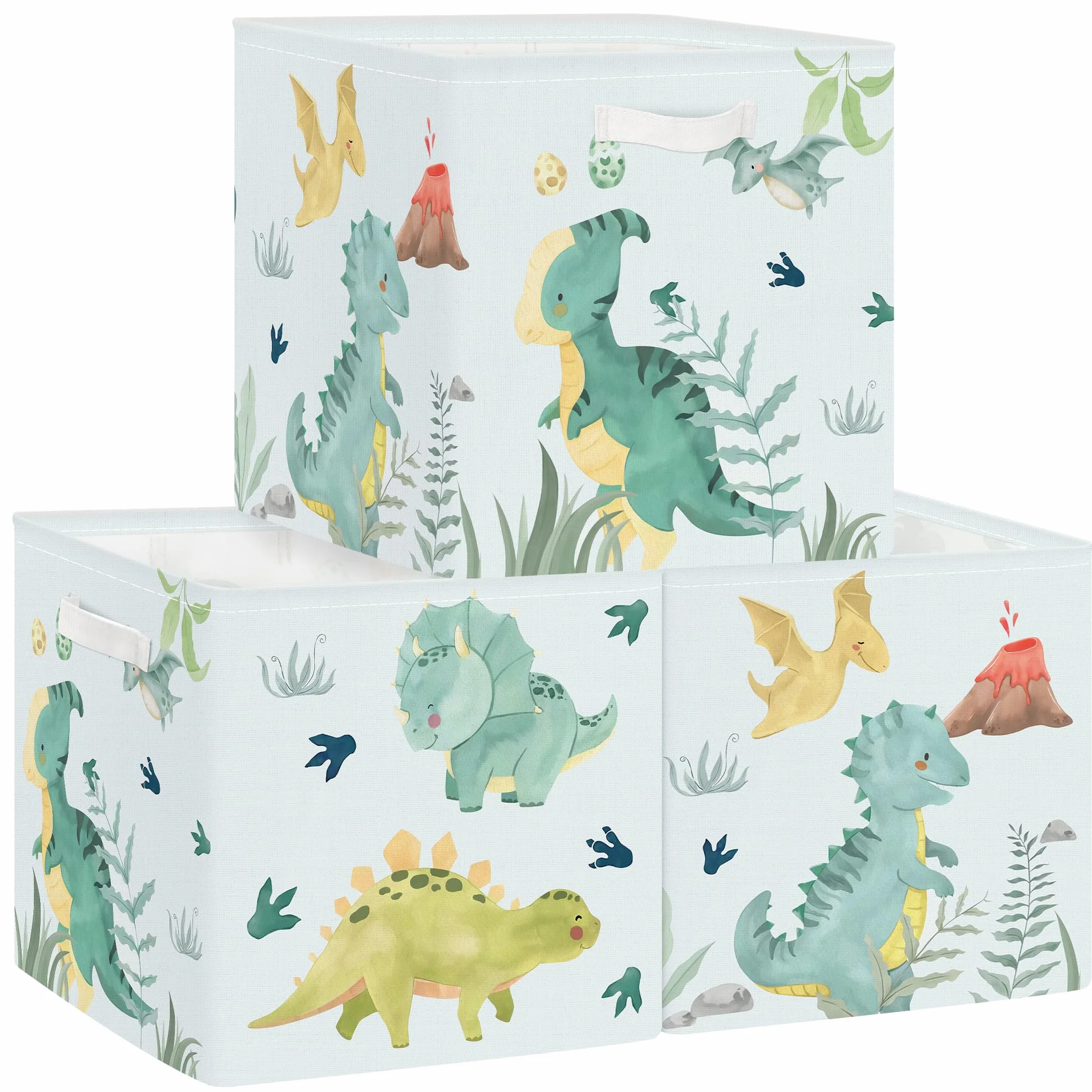 Clastyle Juego de 3 Caja Almacenaje Tela Dinosaurio Cestas Almacenaje Ropa Padres y Madres para Juguetes Cestas Organizadoras Plegable para Armarios, Volcanes, 30x30x30 cm