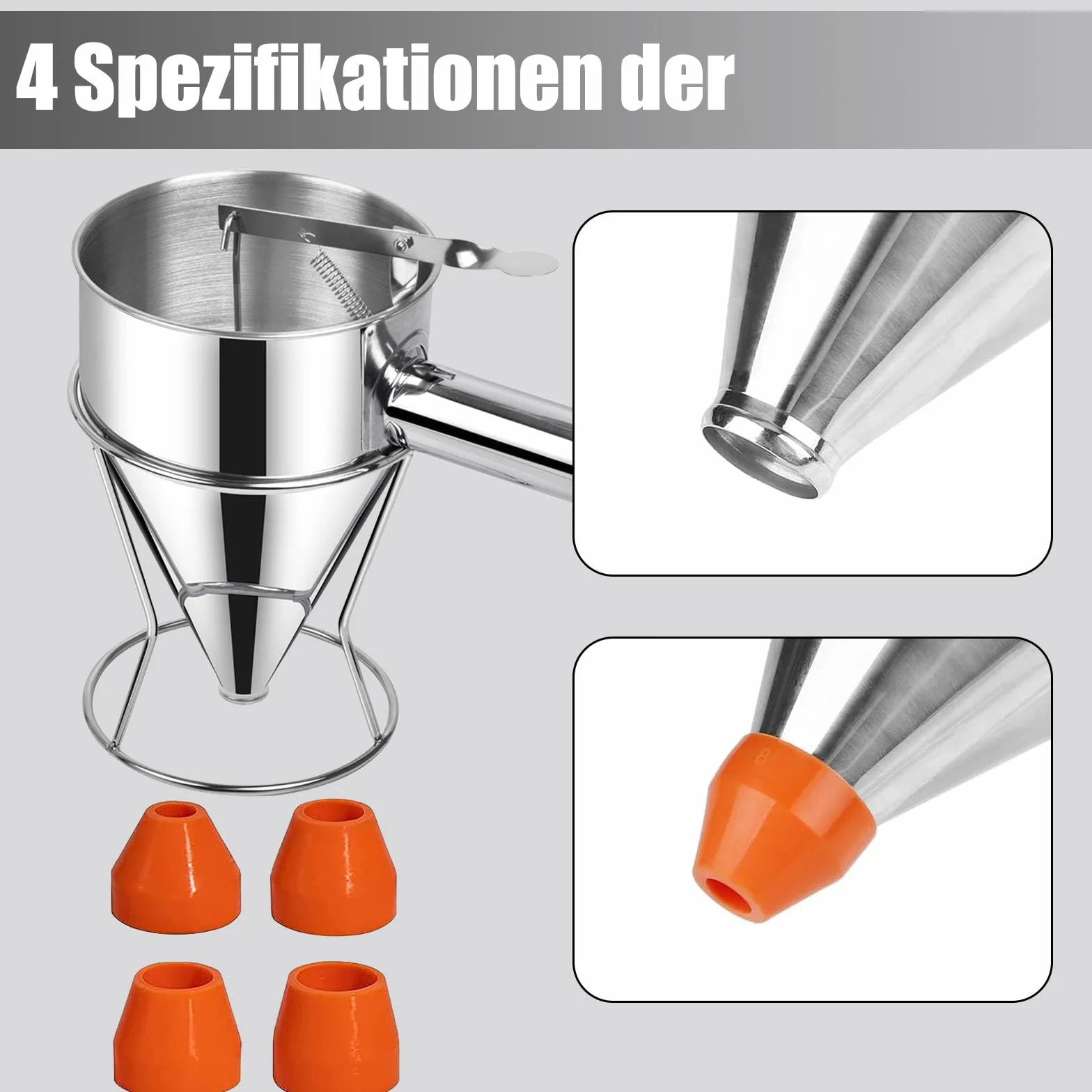 Acero Inoxidable Dispensador de Masa 1200ml, Dosificador de Masa para Panqueques, Dispensador de Masa con Soporte, Soporte y 4 Boquillas Diferentes para Panqueques