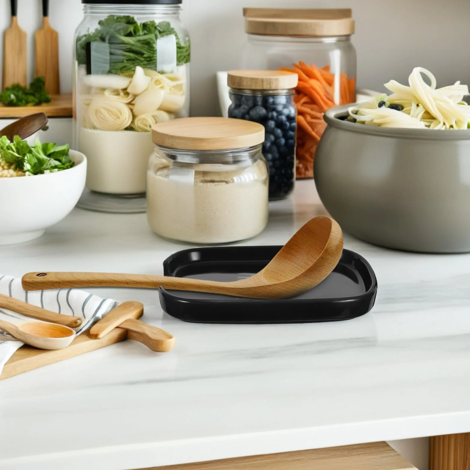 Soporte para Cucharas de Cerámica Negro Reposacucharas Cuadrado Compacto para Utensilios de Cocina Accesorio Multifuncional y Decorativo para Menaje Cocina Adecuado para Ahorro