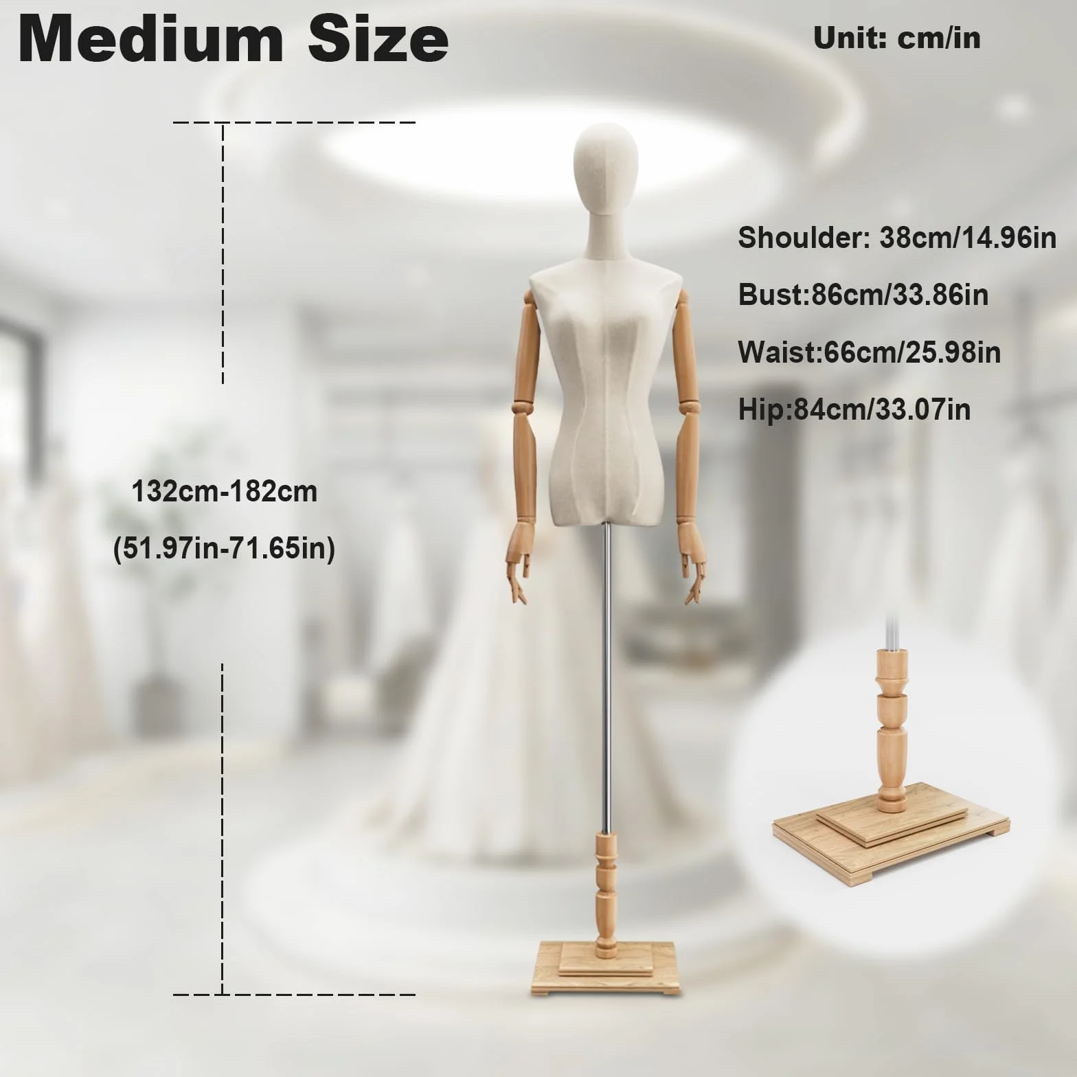 Maniquí Femenino de Costura, con Brazos De Madera Busto de Señora Maniquies Torso con Base De Arte De Madera, Modistas Exhibición Altura Ajustable (Tamaño : Medium-Women)