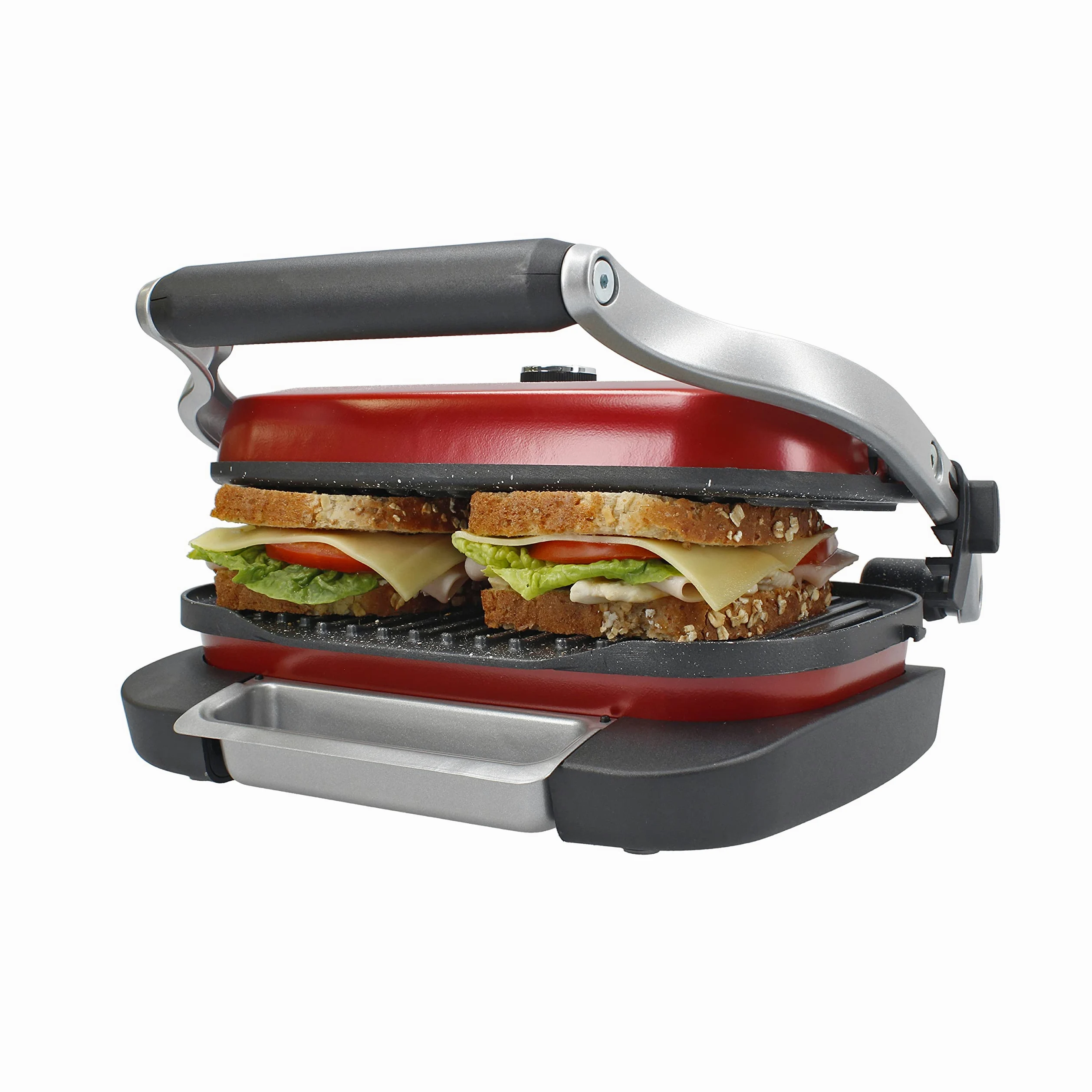 TM Electron TMPGR003RED grill eléctrico estilo retro, calentamiento rápido, revestimiento antiadherente de 5 capas, control de altura y temperatura, bandeja de residuos extraíble, 1300W