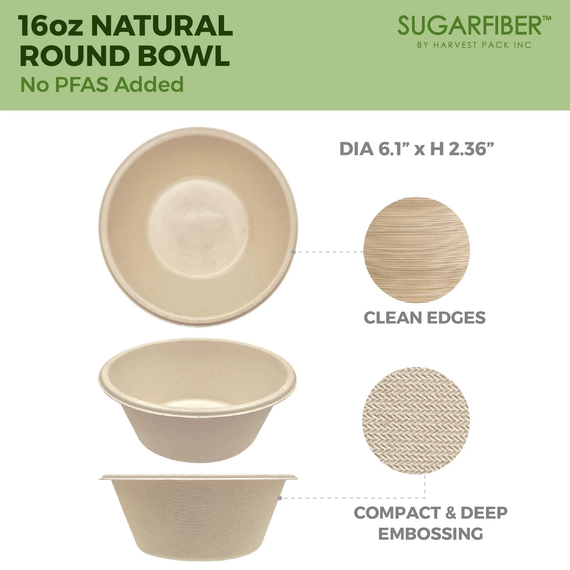 [125 cuentas] Tazones redondos de 16 onzas, contenedores ecológicos compostables hechos fibras vegetales para preparación de comidas para llevar platos de vajilla Catering 100% subproducto