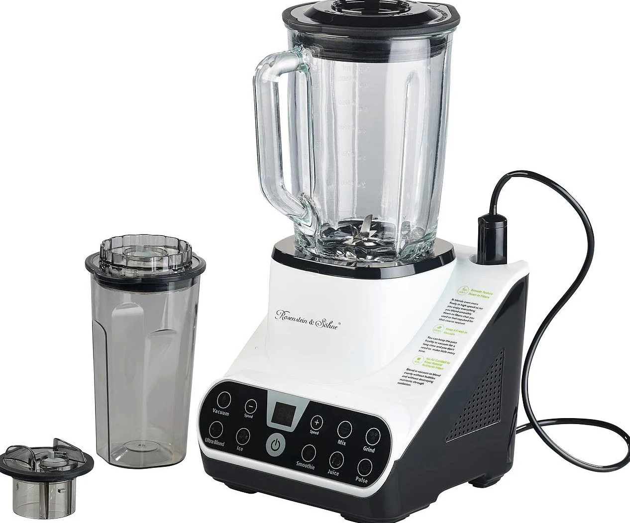 Rosenstein & Söhne vacío mezclador: Batidora de pie con función de vacío y pantalla táctil LED, 1,5 l, 1300 W (Procesadores de comida, Mezclador de alto rendimiento, Envasadoras al vacío)
