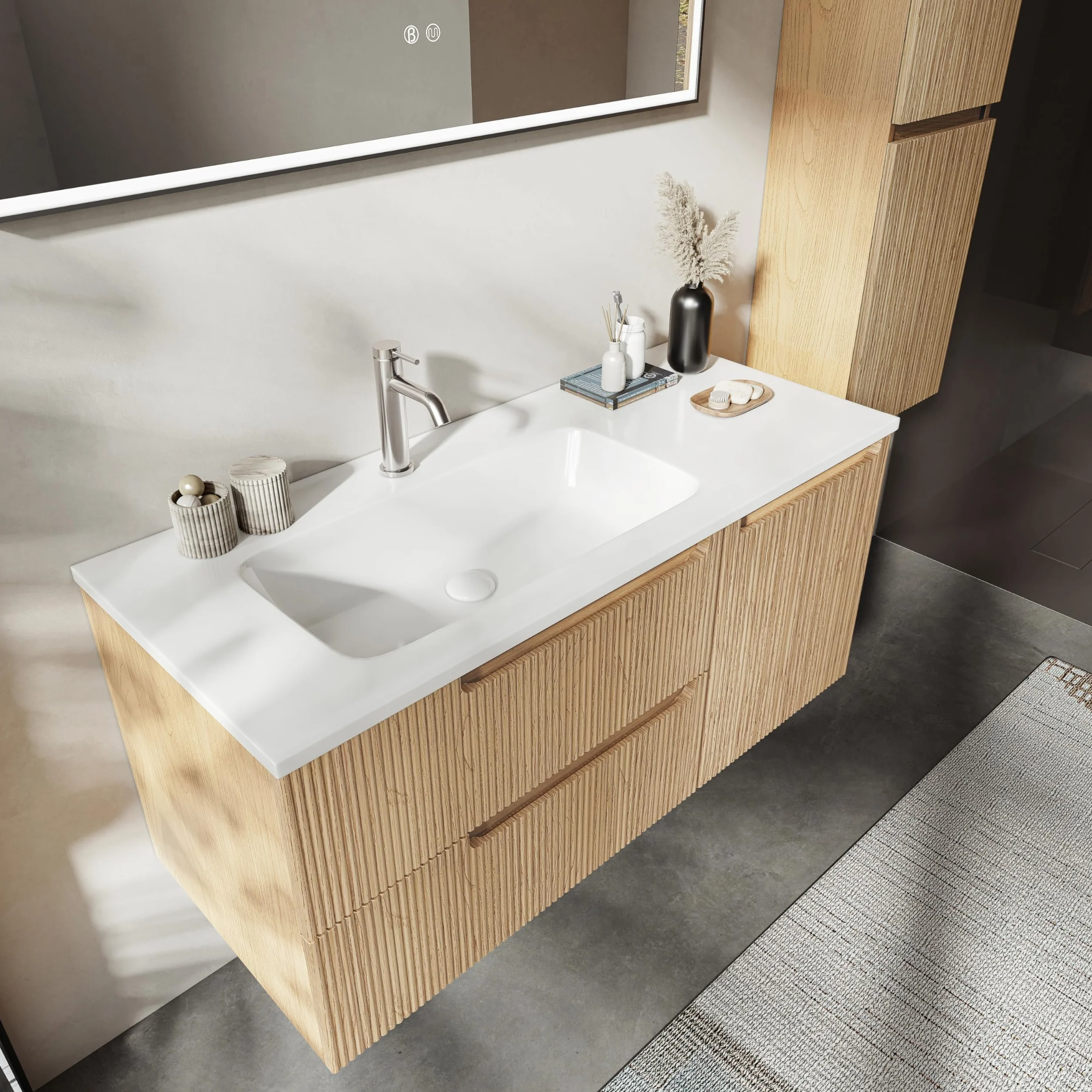 Mueble de Baño Suspendido de 100 cm con Lavabo de Resina Mineral, 2 Cajones y 1 Puerta, Ultrafino, Cierre Suave, Frontal Acanalado – Apto para Baños Grandes – Golden Sand