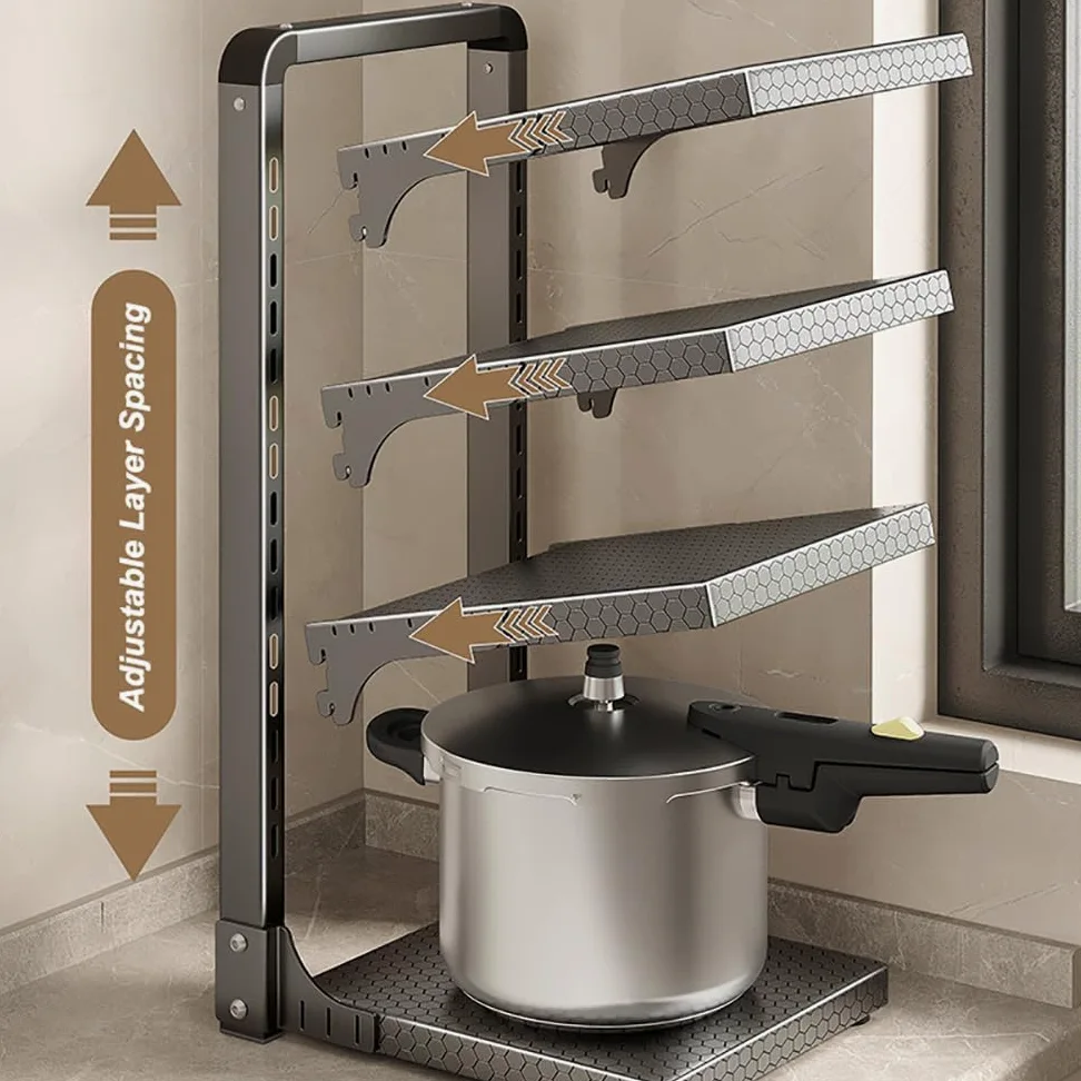 Organizador de ollas y sartenes para armario, armario o encimera de cocina, con capacidad para ollas resistentes, sartenes de hierro fundido ajustable y tapa de acero al carbono