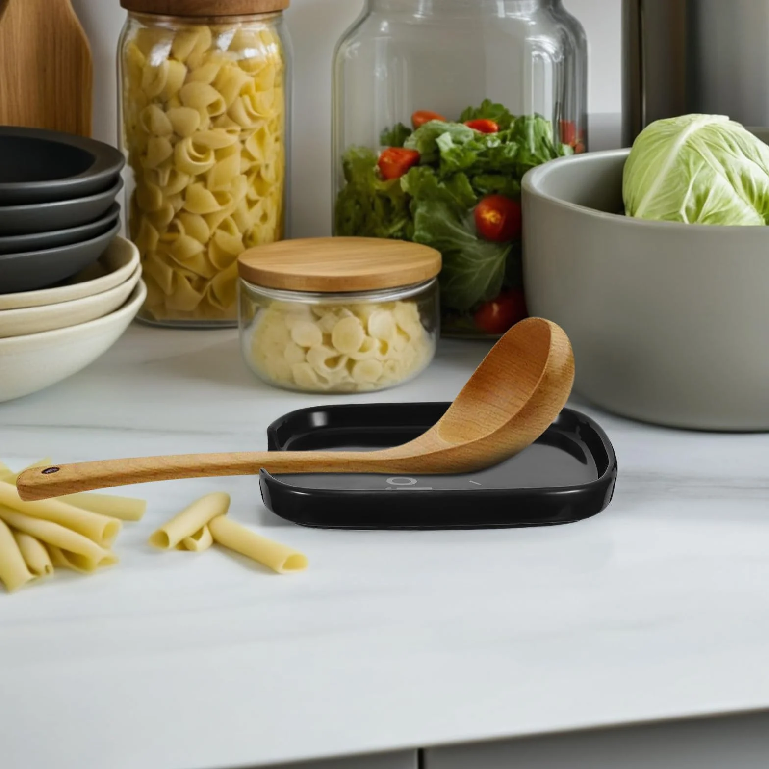 Soporte para Cucharas de Cerámica Negro Reposacucharas Cuadrado Compacto para Utensilios de Cocina Accesorio Multifuncional y Decorativo para Menaje Cocina Adecuado para Ahorro