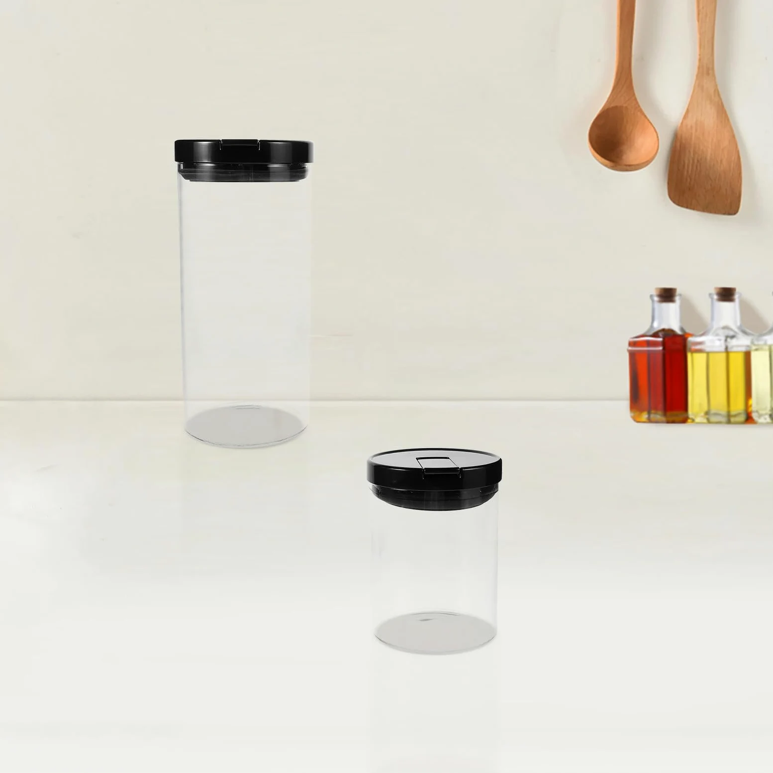 Tarros de Vidrio Herméticos 2 Piezas 700ml y 1200 Ml | Tapa de Plástico Negra, Acabado Transparente Minimalista, Uso en Despensa y Encimera, para Arroz y Granos