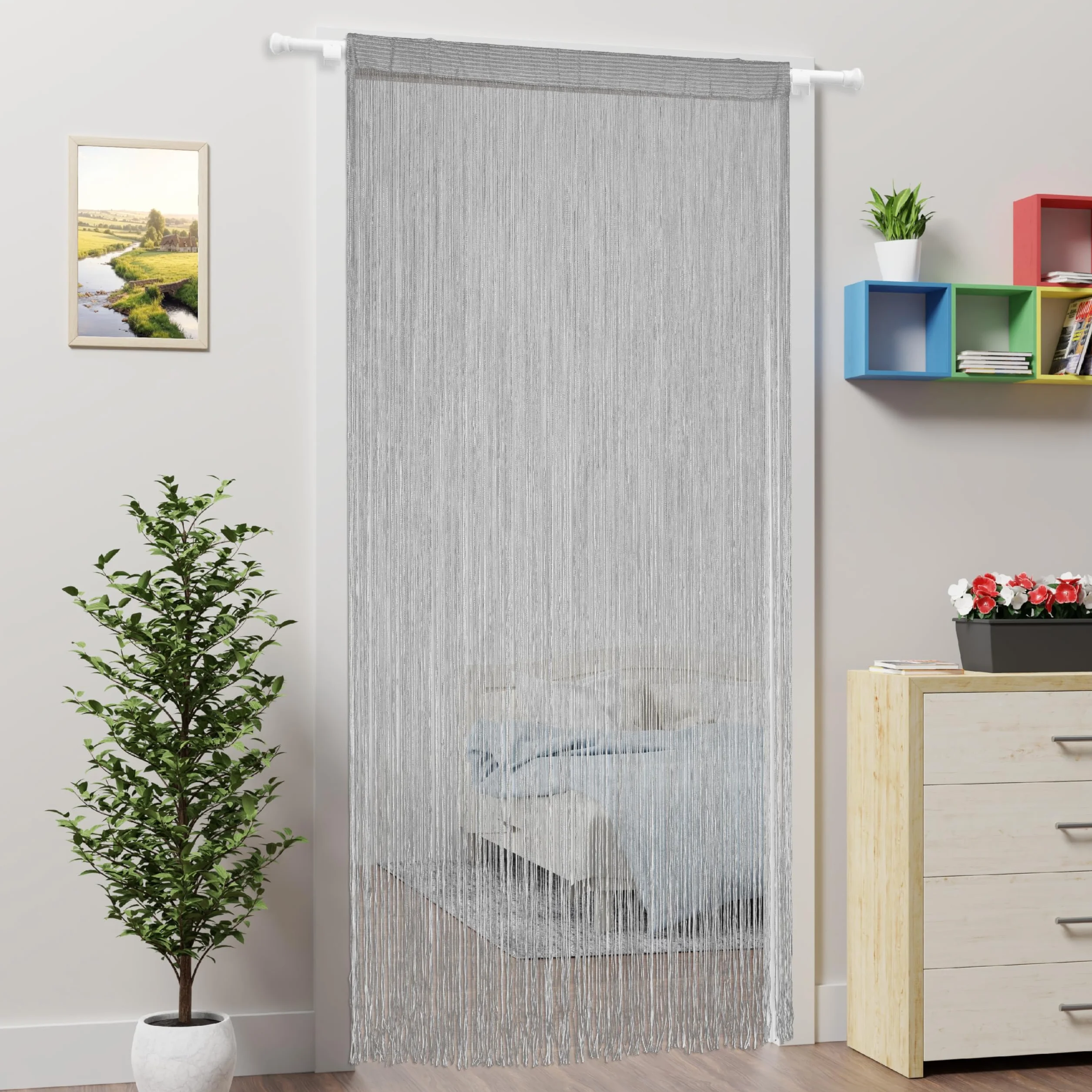 Cortina para puerta, mosquitera, cortinas de ventana, puertas, cuentas, borlas, puertas, persianas, divisor de habitación, cocina, exterior, panel de insectos (gris, 100 x 200 cm)