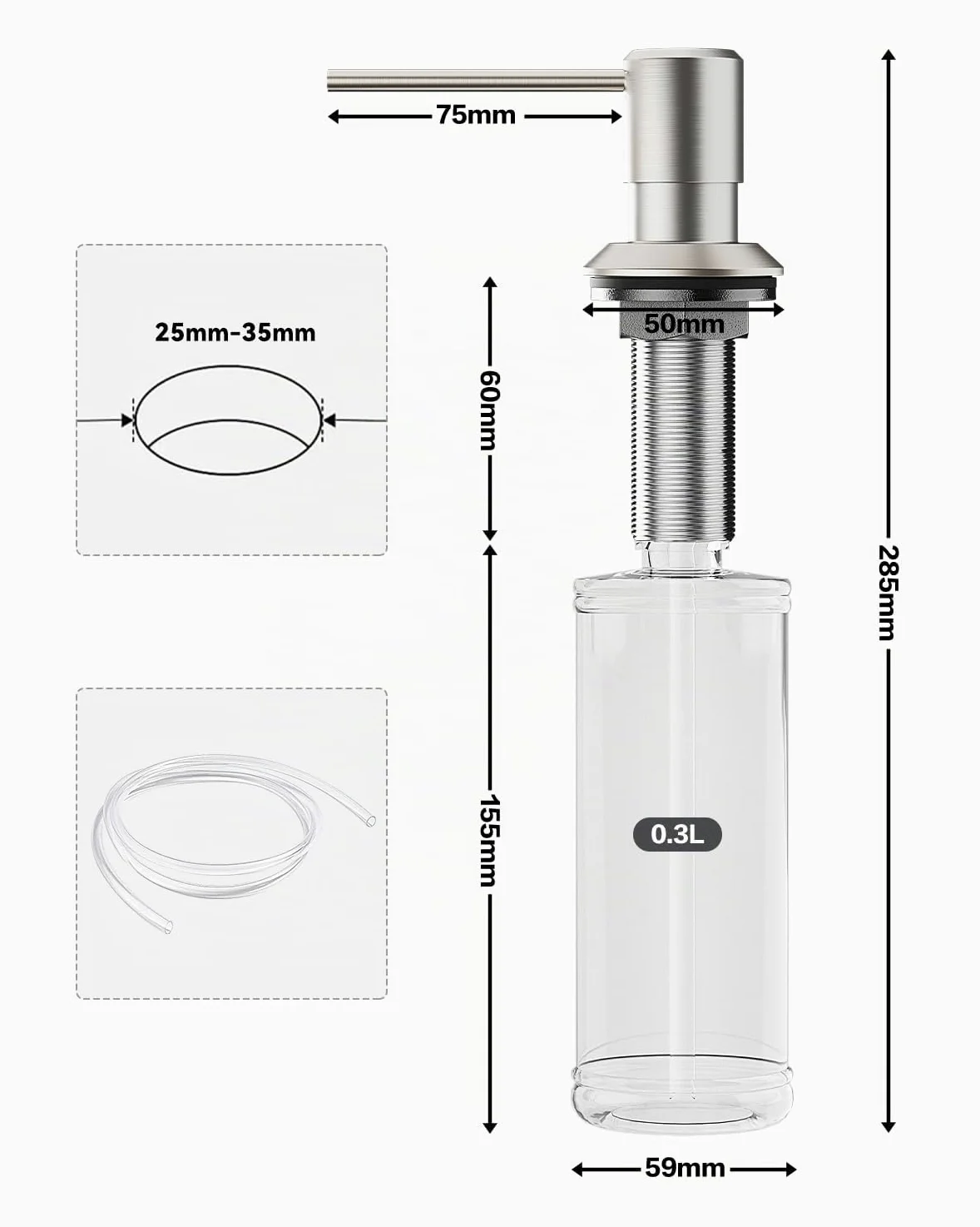 Dispensador Jabon Cocina Bajo Encimera, Dosificador para Fregadero | Dispensador de Detergente con Botella de 300ml y Manguera de 1,2 M, Dispensador Líquido Cobre, Tuerca Metal, Cepillado Plata