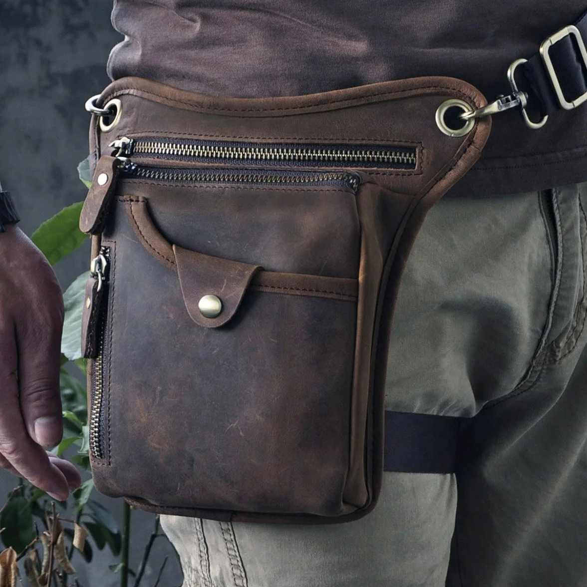Le'aokuu Bolsa de Muslo Hombre Cuero Genuino Motocicleta Táctica Cinturón Paquete
