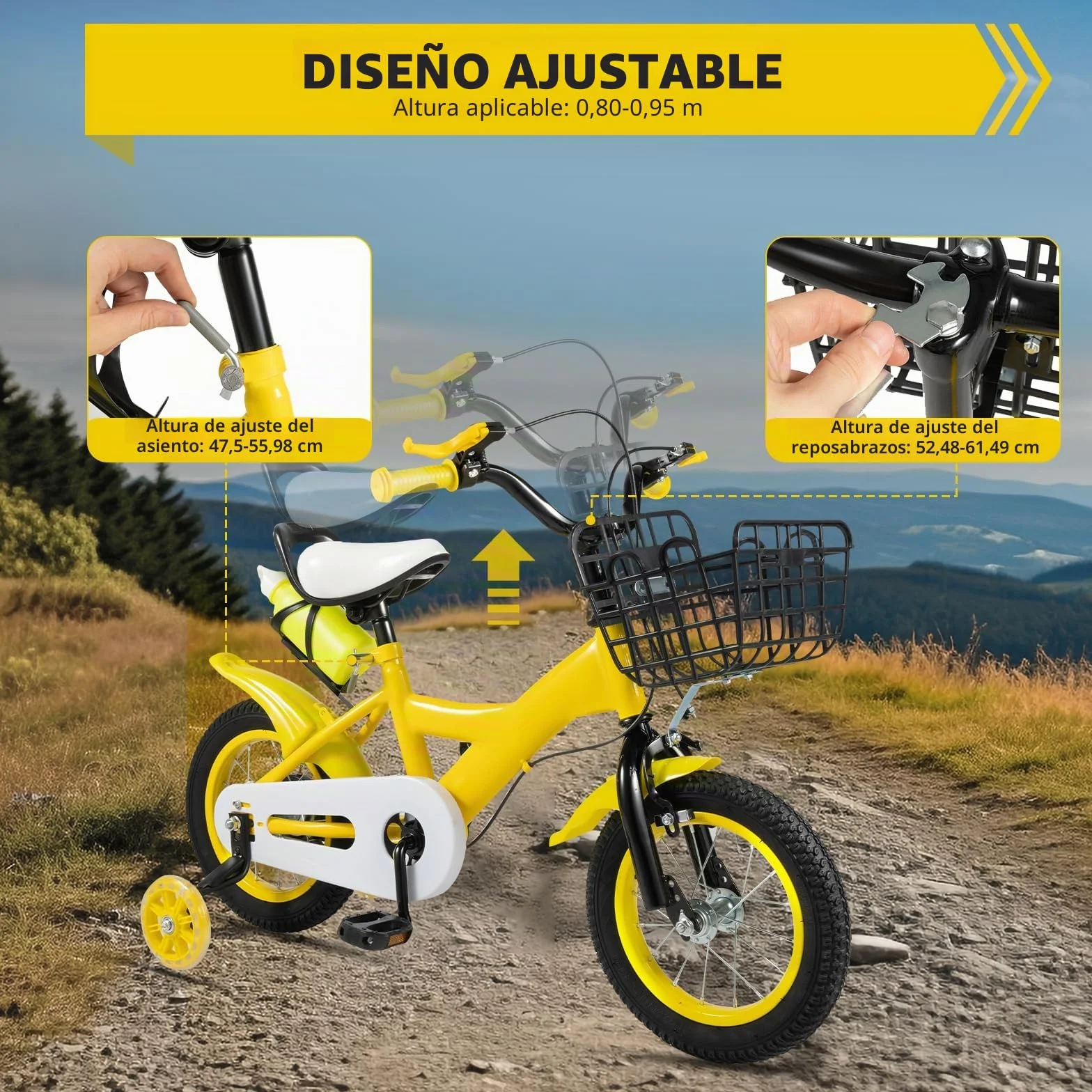 Bicicleta infantil 12 pulgadas con ruedas estabilizadoras y cesta ajustable
