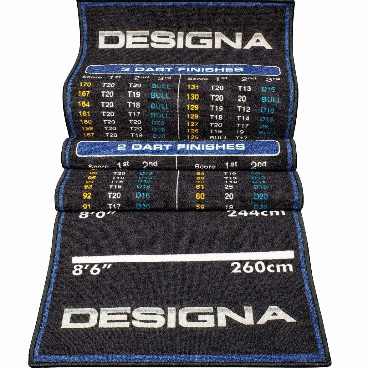 Designa Darts MAT38 | Alfombra Antideslizante para Dardos con diseño de Pago, Ancha, Azul, 290 cm x 80 cm