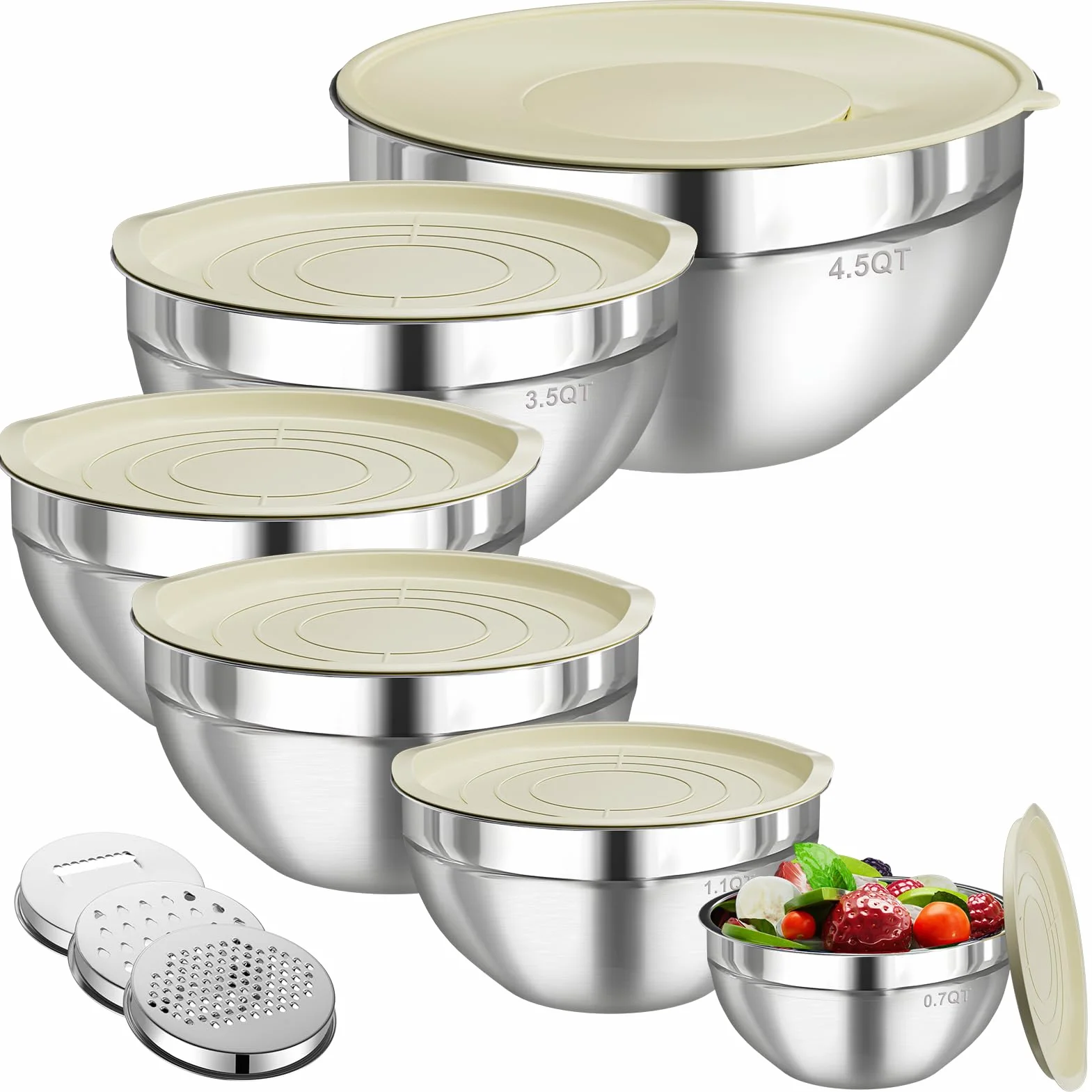 Juego de 6 cuencos para mezclar con tapas, cuencos de acero inoxidable con 3 accesorios de rallador, organizadores de almacenamiento de alimentos de cocina, tazón de mezcla anidado, tamaño