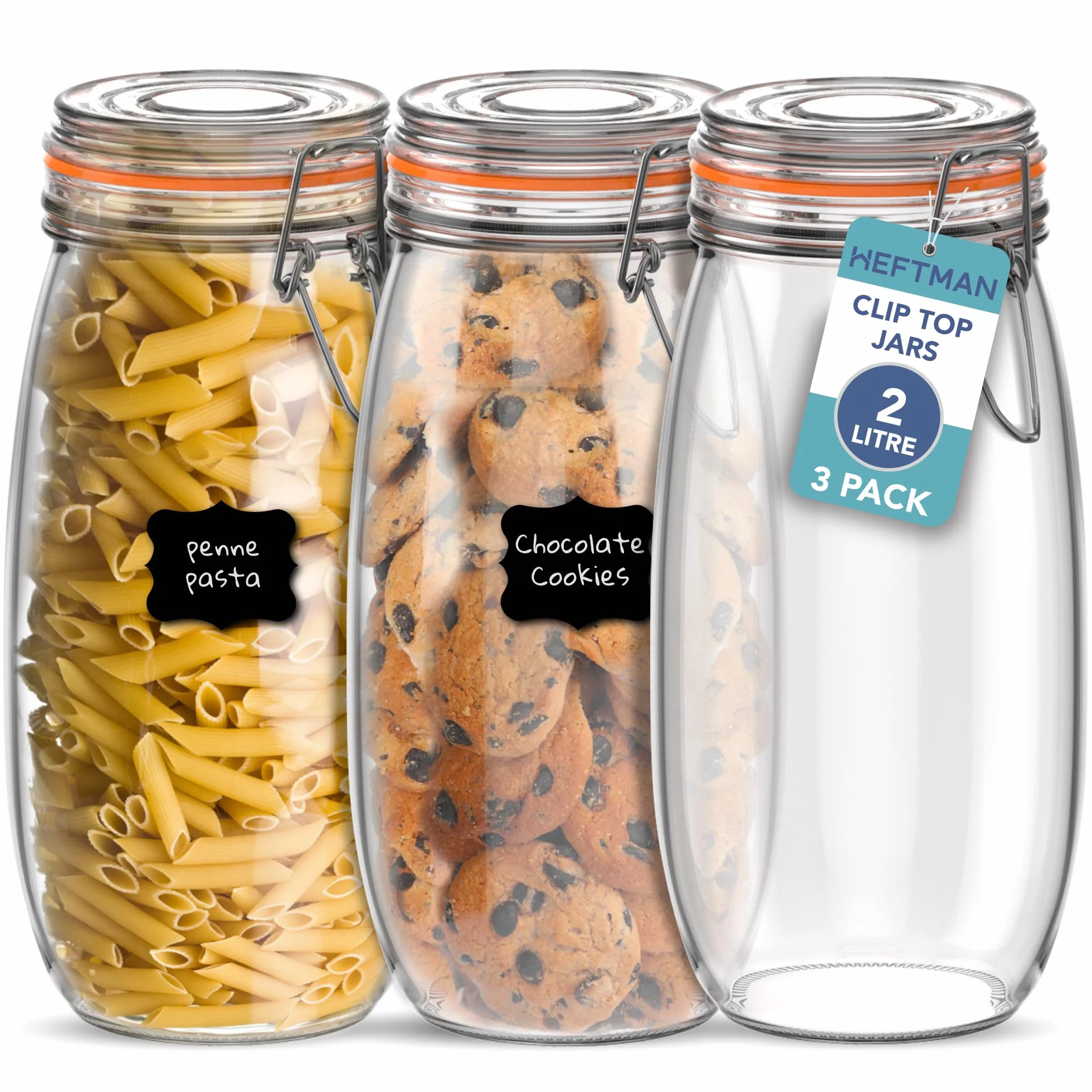 HEFTMAN Juego de 3 tarros de vidrio herméticos de 2 litros con tapas y sello de silicona, para pasta, granos de café, iniciación de masa madre, juego de tarros de almacenamiento de alimentos